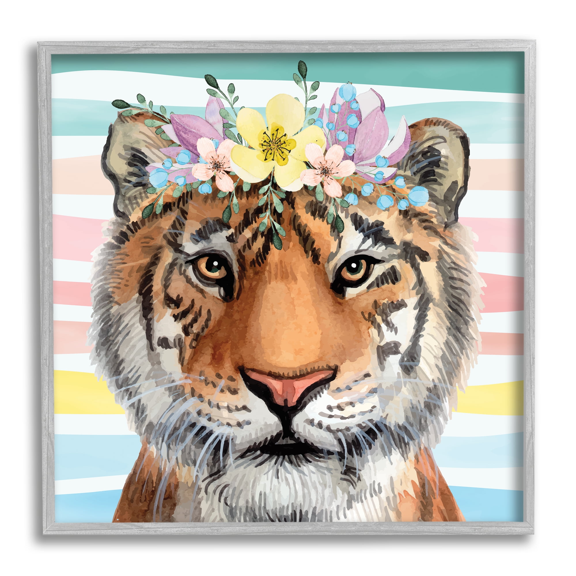 Stupell Industries Jungle Tiger Chic Purple Yellow Floral Crown Stripes, 24 x 24, Design by ND Art