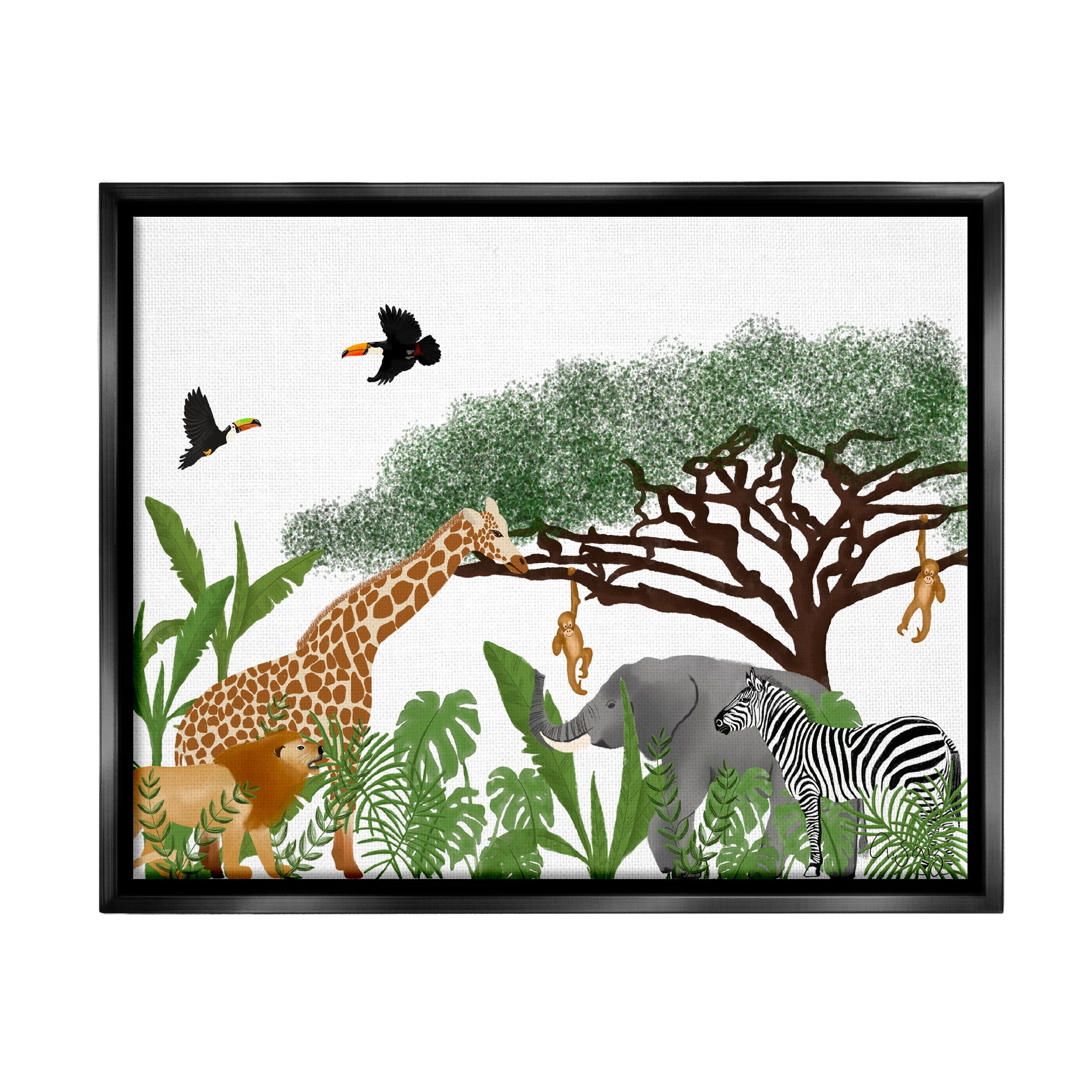 Stupell Industries Jungle Wildlife Animals Scene Animals & Insects Painting Black Floater Framed Art Print Wall Art