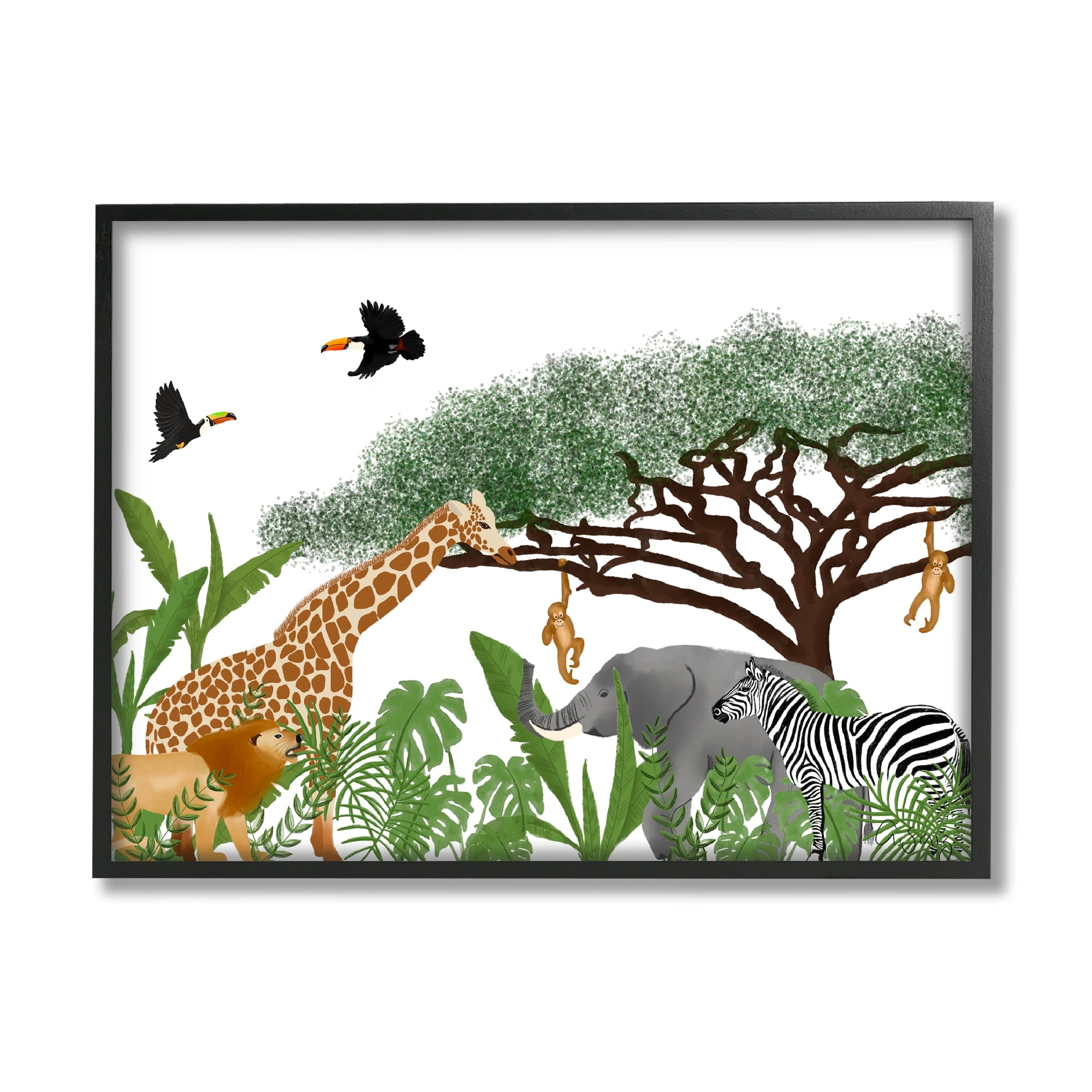 Stupell Industries Jungle Wildlife Animals Scene Animals & Insects Painting Black Framed Art Print Wall Art