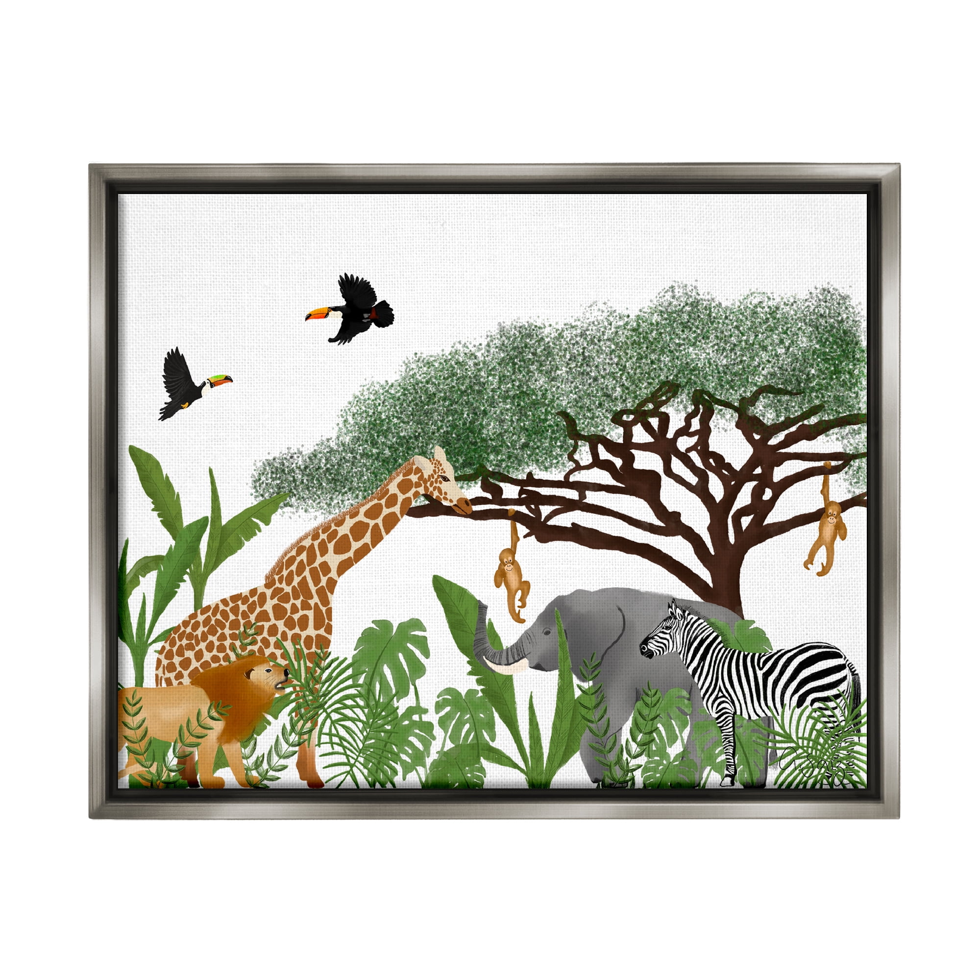 Stupell Industries Jungle Wildlife Animals Scene Animals & Insects Painting Gray Floater Framed Art Print Wall Art