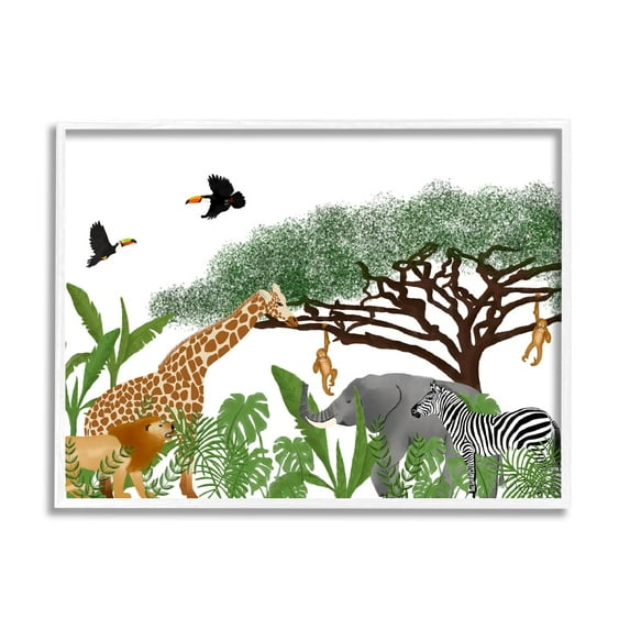 Stupell Industries Jungle Wildlife Animals Scene Animals & Insects Painting White Framed Art Print Wall Art