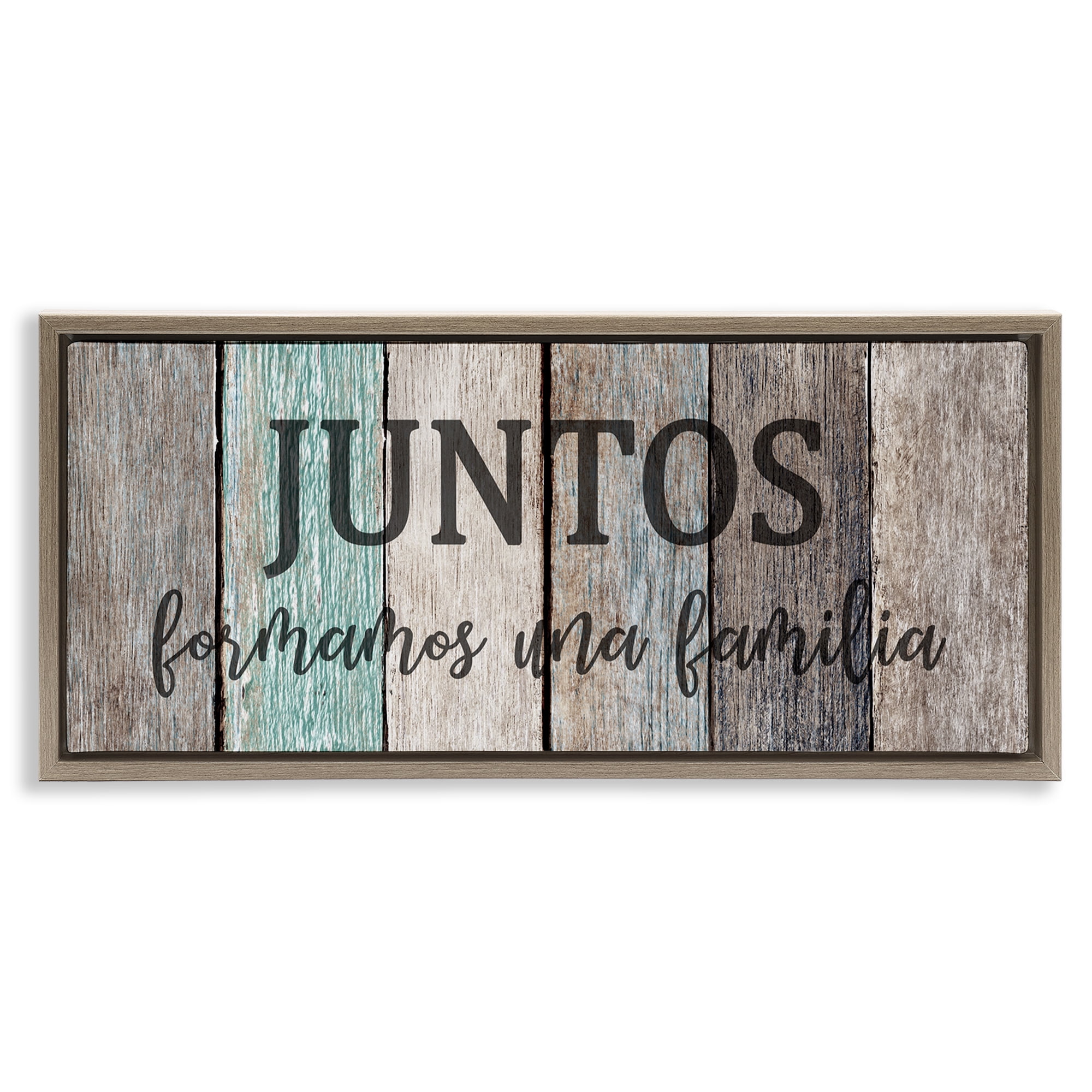Stupell Industries Juntos Formamos una Familia Inspirational Quotes & Sayings Painting Brown Floater Framed Art Print Wall Art, 31 x 14