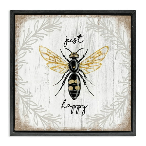 Stupell Industries Just Be Happy Charming Bee Animals & Insects Painting Black Floater Framed Canvas Art Print Wall Art, 18 x 18