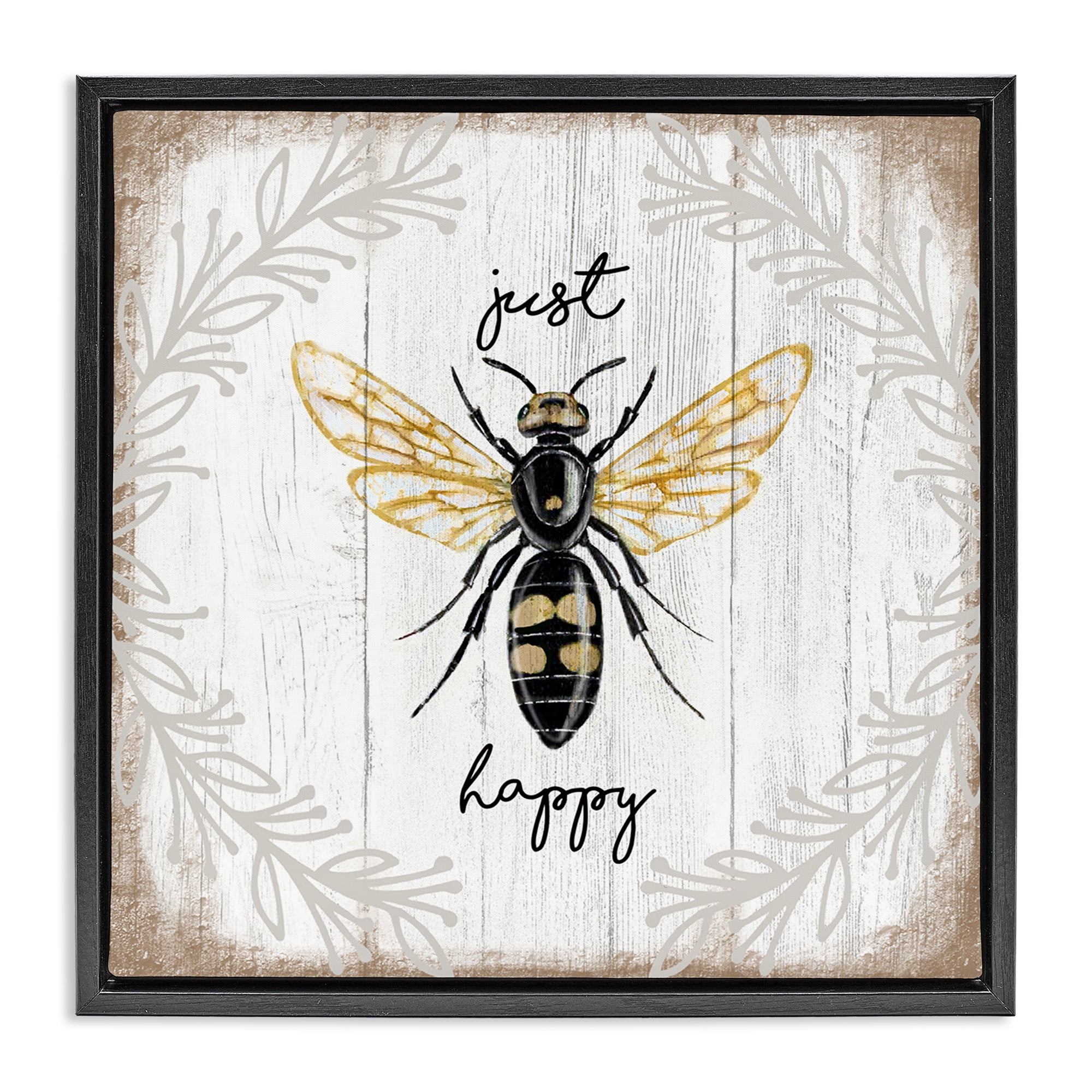 Stupell Industries Just Be Happy Charming Bee Animals & Insects Painting Black Floater Framed Canvas Art Print Wall Art, 25 x 25