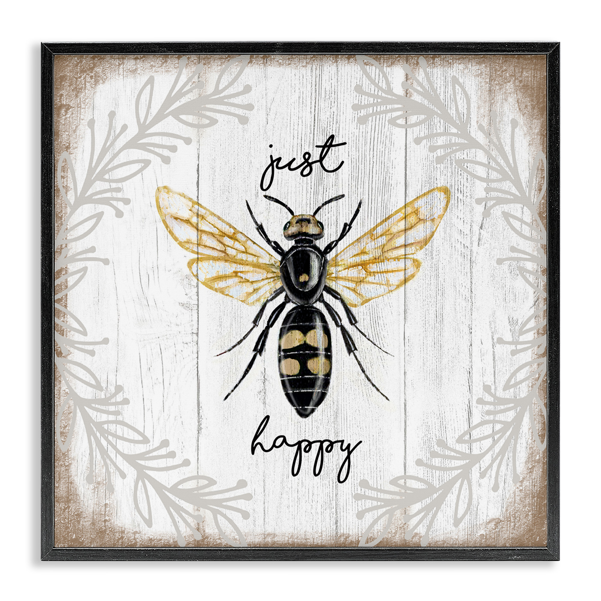 Stupell Industries Just Be Happy Charming Bee Animals & Insects Painting Black Framed Art Print Wall Art, 17 x 17