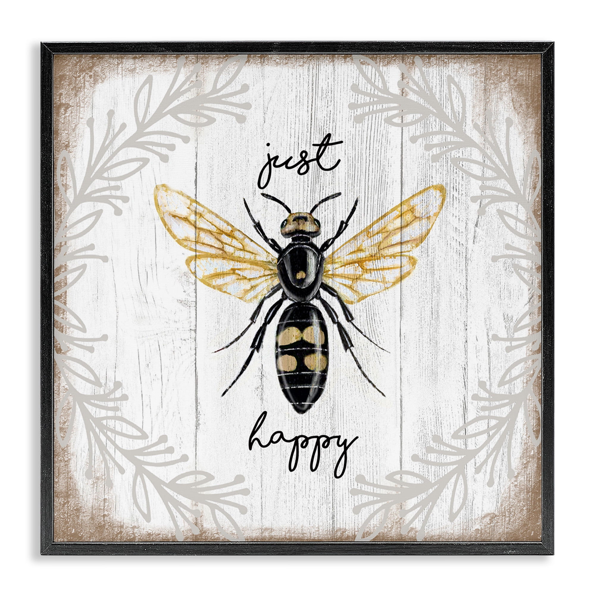 Stupell Industries Just Be Happy Charming Bee Animals & Insects Painting Black Framed Art Print Wall Art, 24 x 24