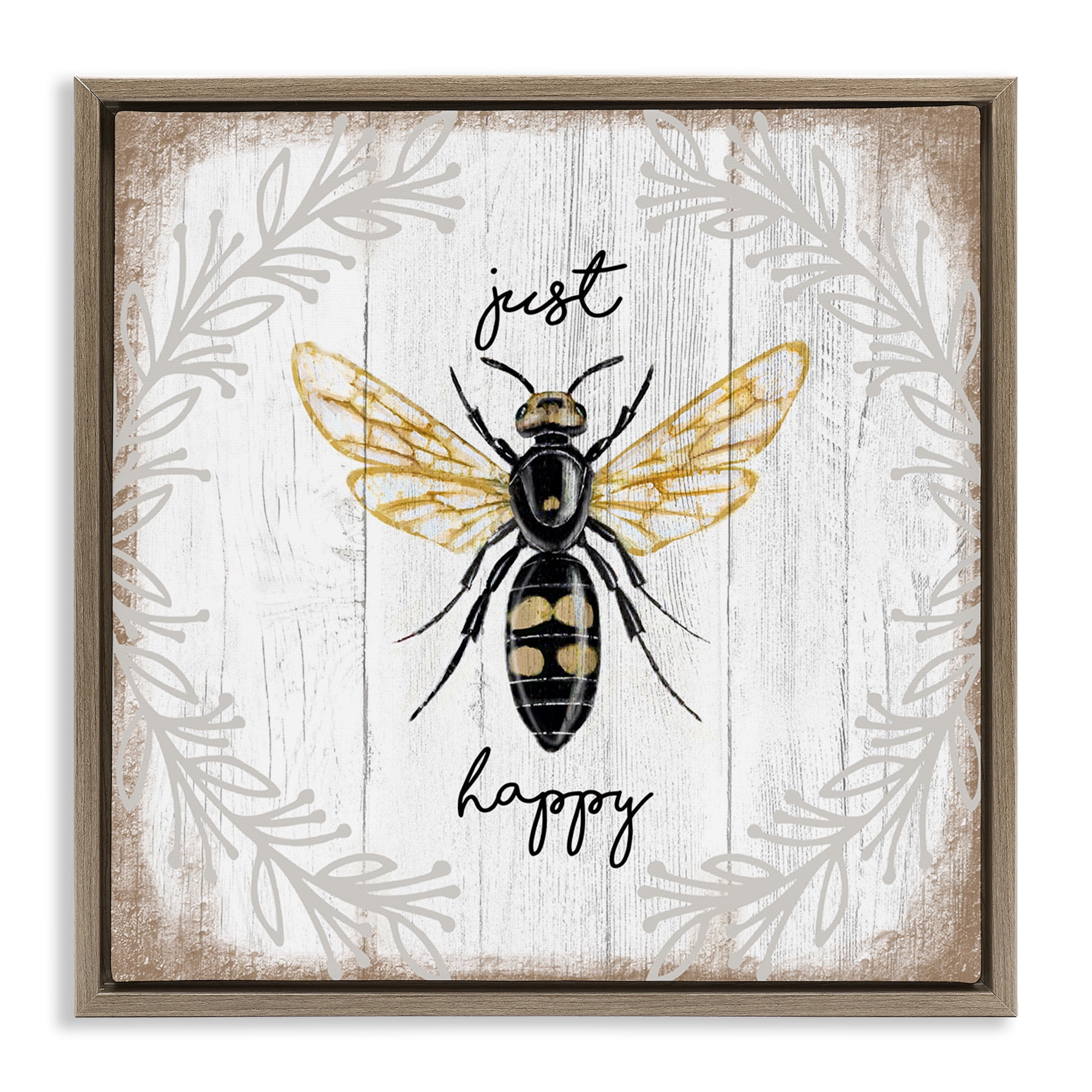 Stupell Industries Just Be Happy Charming Bee Animals & Insects Painting Brown Floater Framed Canvas Art Print Wall Art, 18 x 18