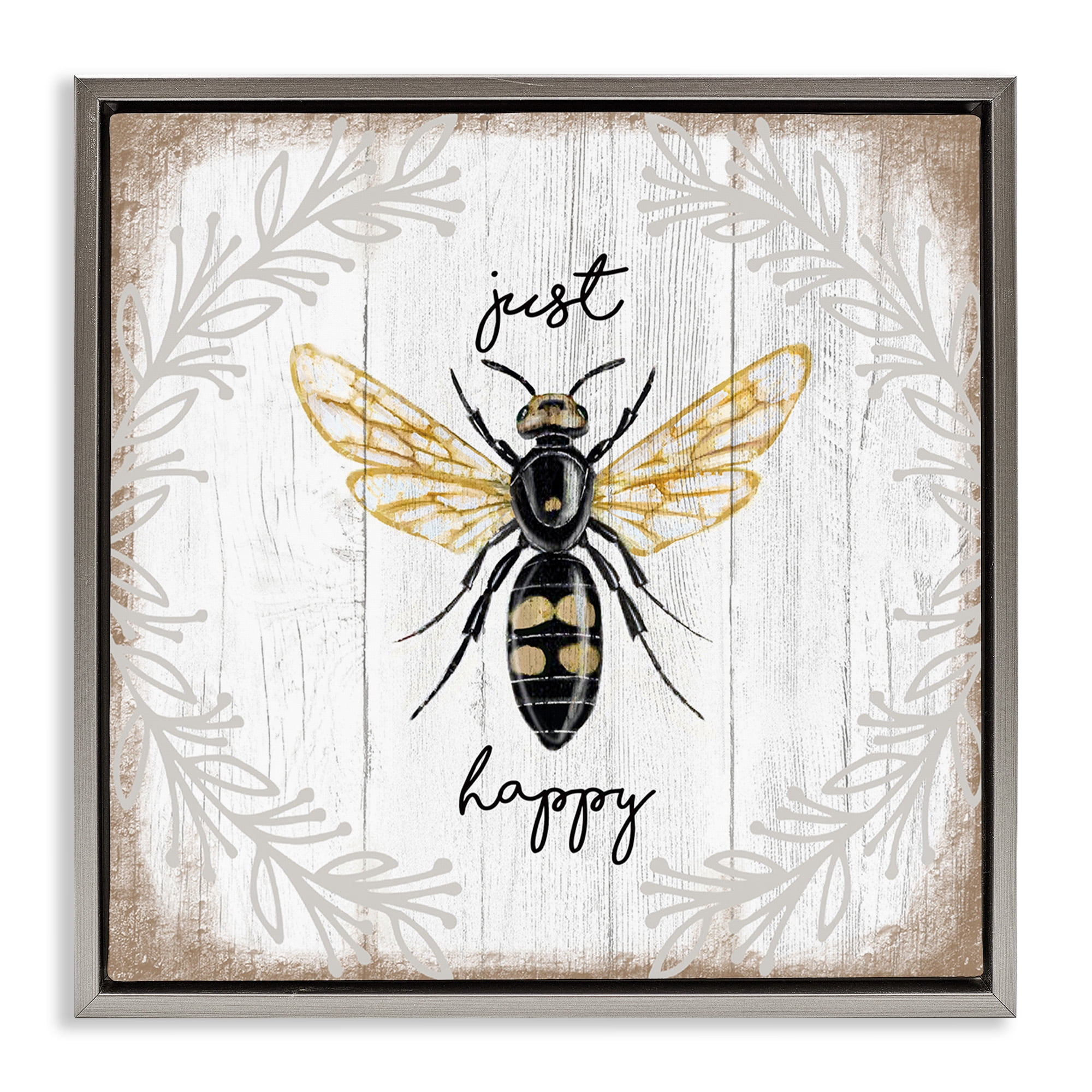 Stupell Industries Just Be Happy Charming Bee Animals & Insects Painting Gray Floater Framed Canvas Art Print Wall Art, 18 x 18
