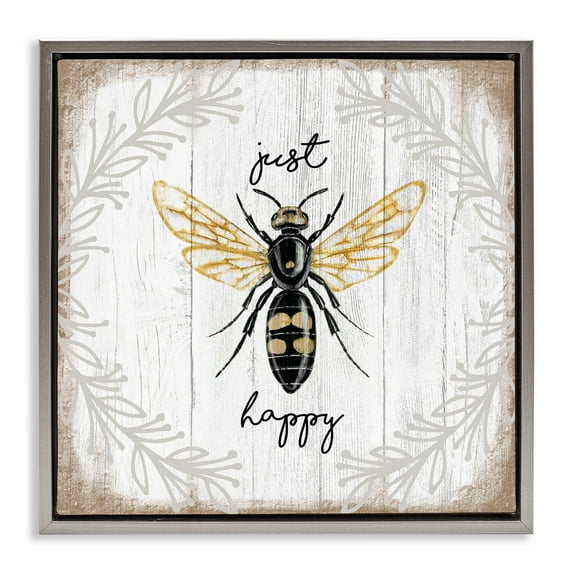 Stupell Industries Just Be Happy Charming Bee Animals & Insects Painting Gray Floater Framed Canvas Art Print Wall Art, 18 x 18