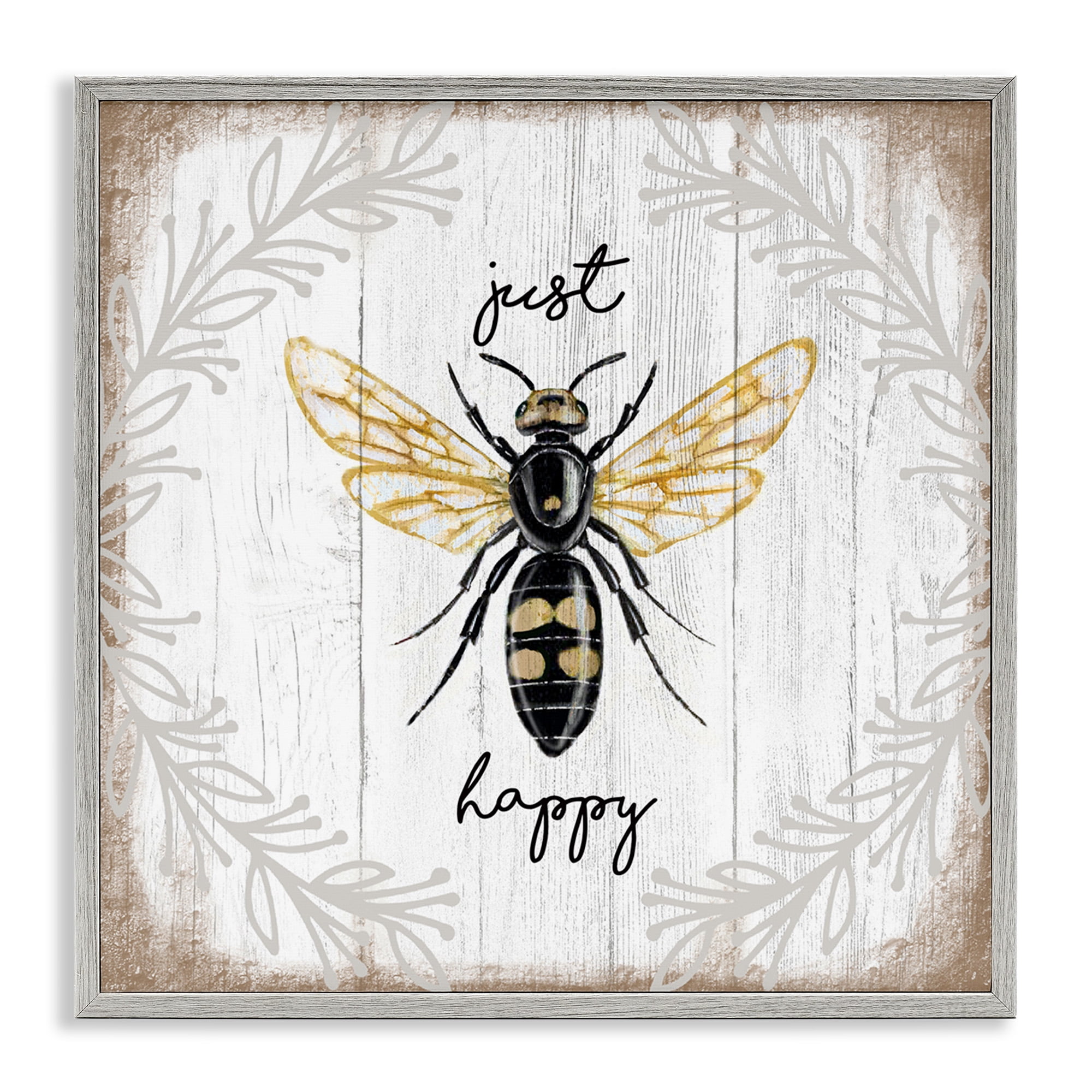 Stupell Industries Just Be Happy Charming Bee Animals & Insects Painting Gray Framed Art Print Wall Art, 24 x 24
