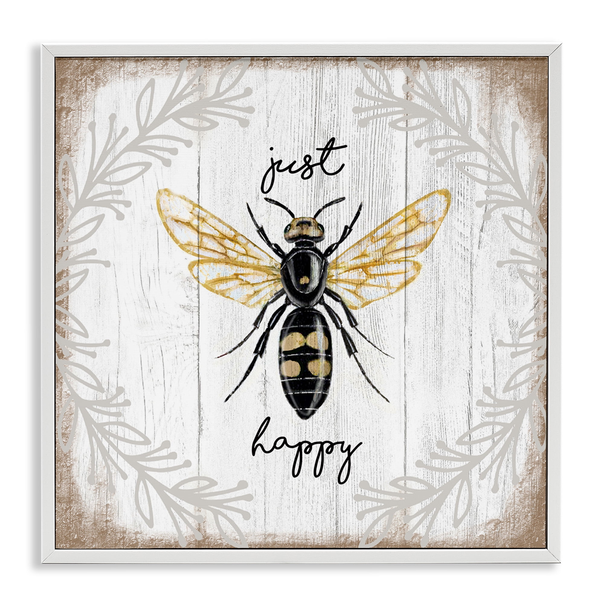 Stupell Industries Just Be Happy Charming Bee Animals & Insects Painting White Framed Art Print Wall Art, 12 x 12