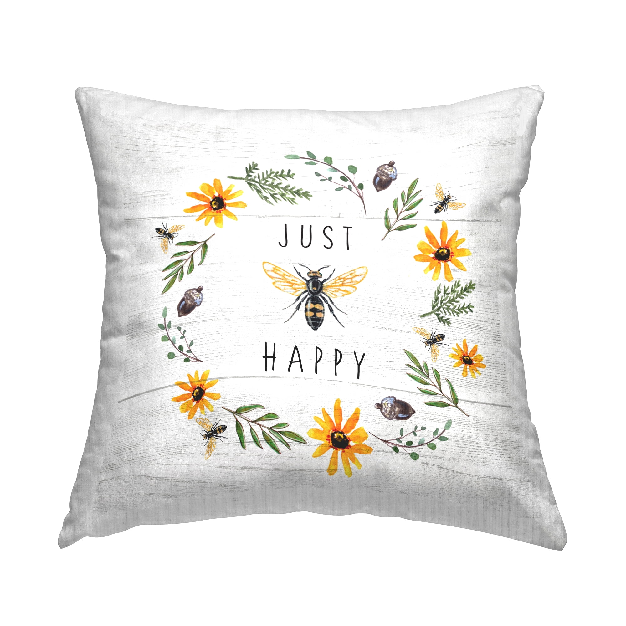 Stupell Industries Just Bee Happy Pun Phrase Daisy Wreath Farmhouse Yellow,18 x 7 x 18 Decorative Pillows