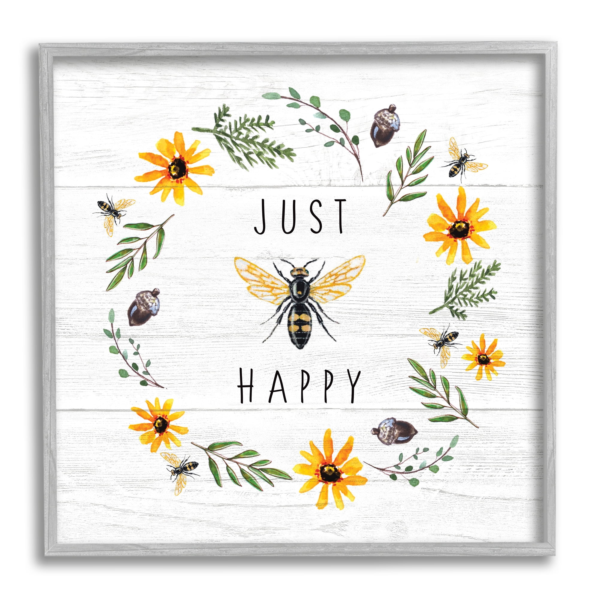Stupell Industries Just Bee Happy Pun Phrase Yellow Daisy Wreath, 12 x 12, Designed by Elizabeth Tyndall
