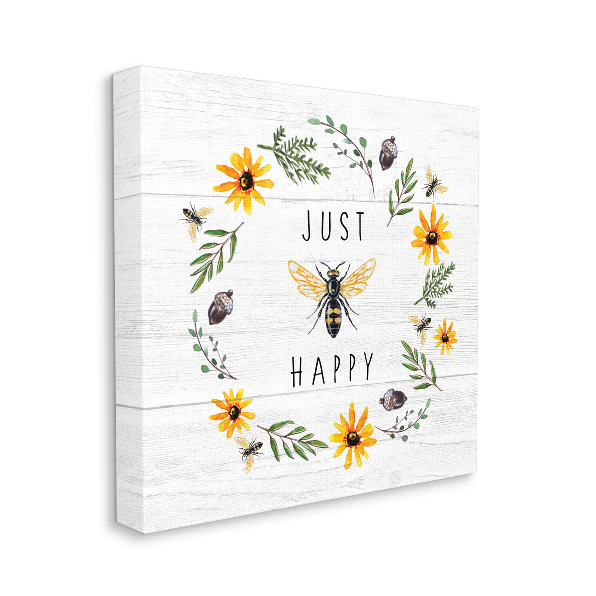 Stupell Industries Just Bee Happy Pun Phrase Yellow Daisy Wreath, 24 x 24, Designed by Elizabeth Tyndall