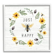 Stupell Industries Just Bee Happy Pun Phrase Yellow Daisy Wreath, 24 x 24, Designed by Elizabeth Tyndall