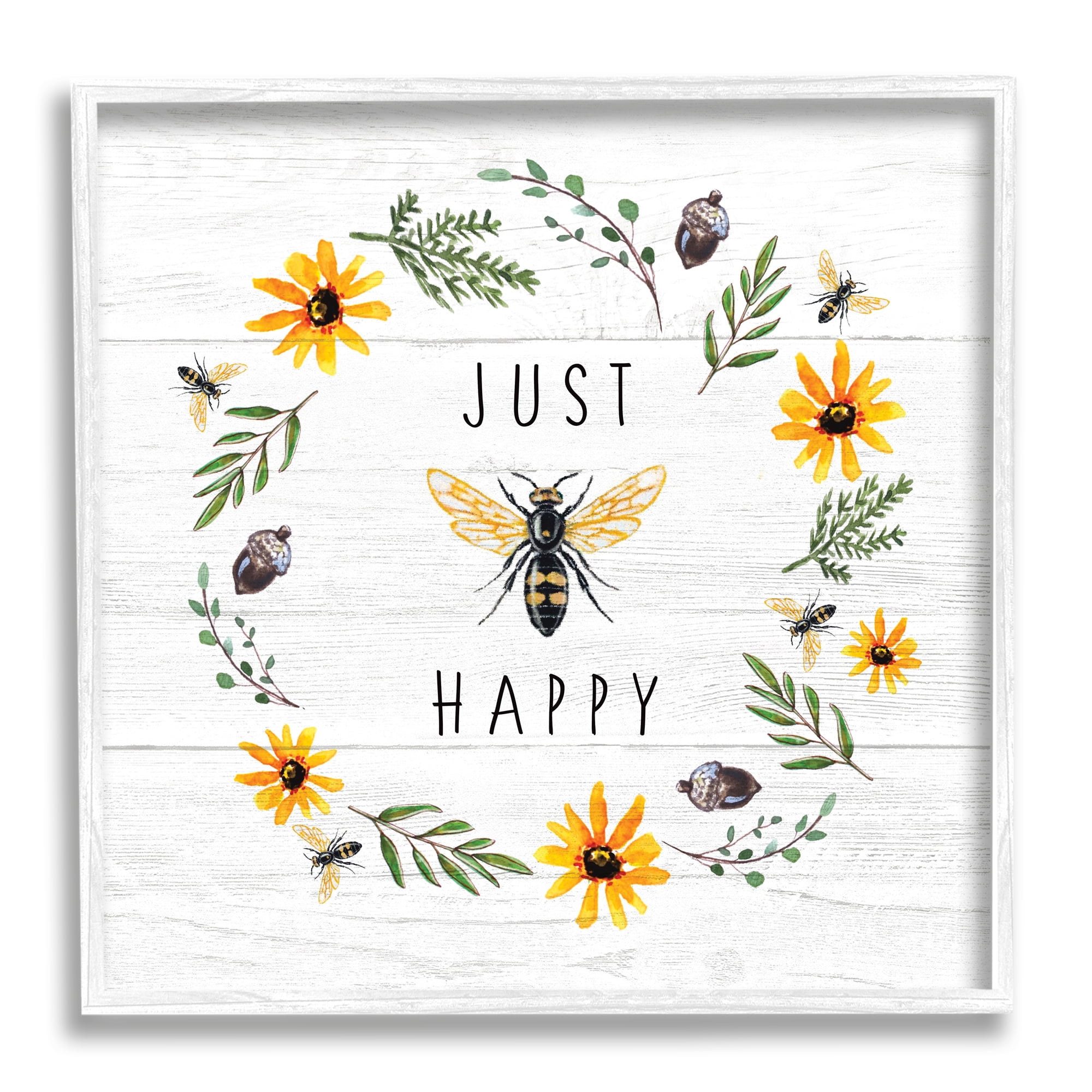 Stupell Industries Just Bee Happy Pun Phrase Yellow Daisy Wreath Graphic Art White Framed Art Print Wall Art, 12x12, by Elizabeth Tyndall