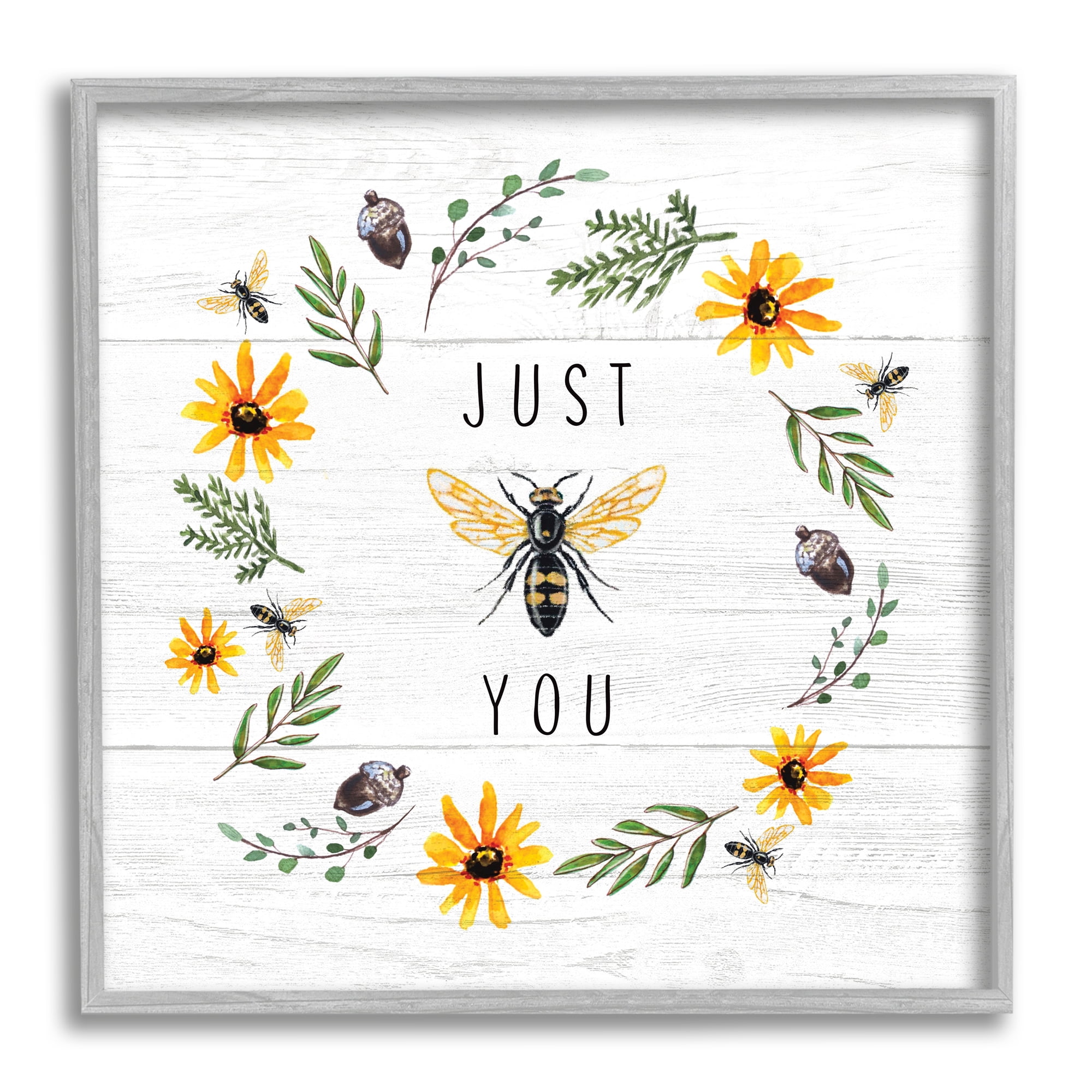Stupell Industries Just Bee You Pun Phrase Yellow Daisy Wreath, 12 x 12, Designed by Elizabeth Tyndall