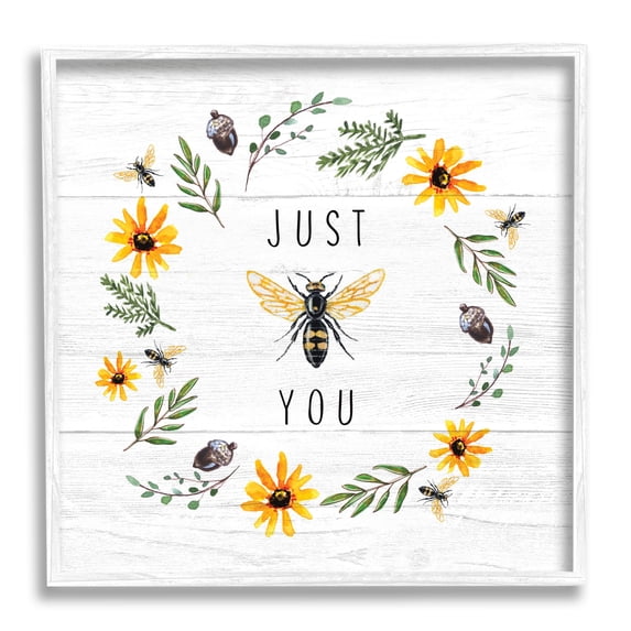 Stupell Industries Just Bee You Pun Phrase Yellow Daisy Wreath, 12 x 12, Designed by Elizabeth Tyndall