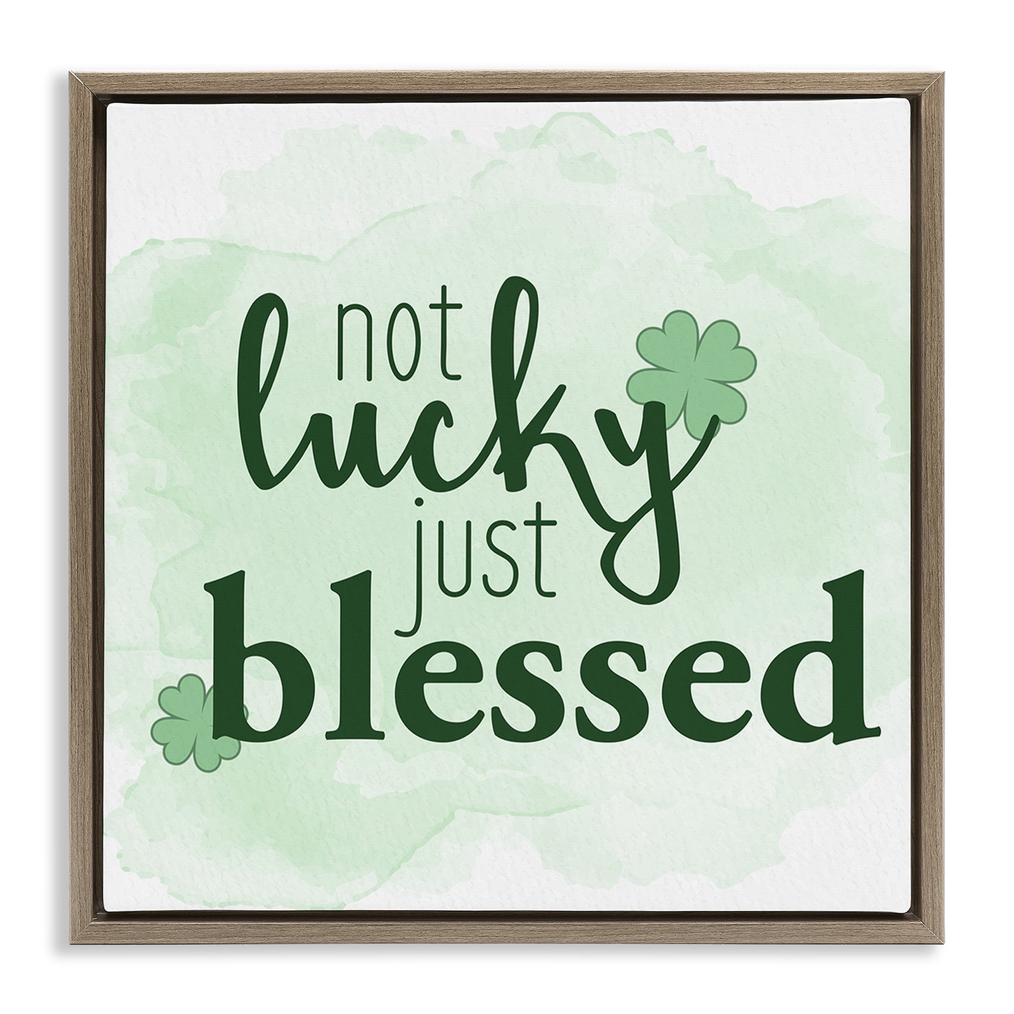 Stupell Industries Just Blessed Green Shamrocks Holiday Painting Brown Floater Framed Canvas Art Print Wall Art, 25 x 25