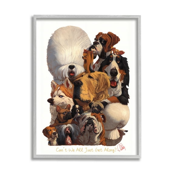 Stupell Industries Just Get Along Phrase Funny Dog Gang Illustration Novelty Painting Gray Framed Art Print Wall Art, 16 x 20, Design by Thomas Fluharty