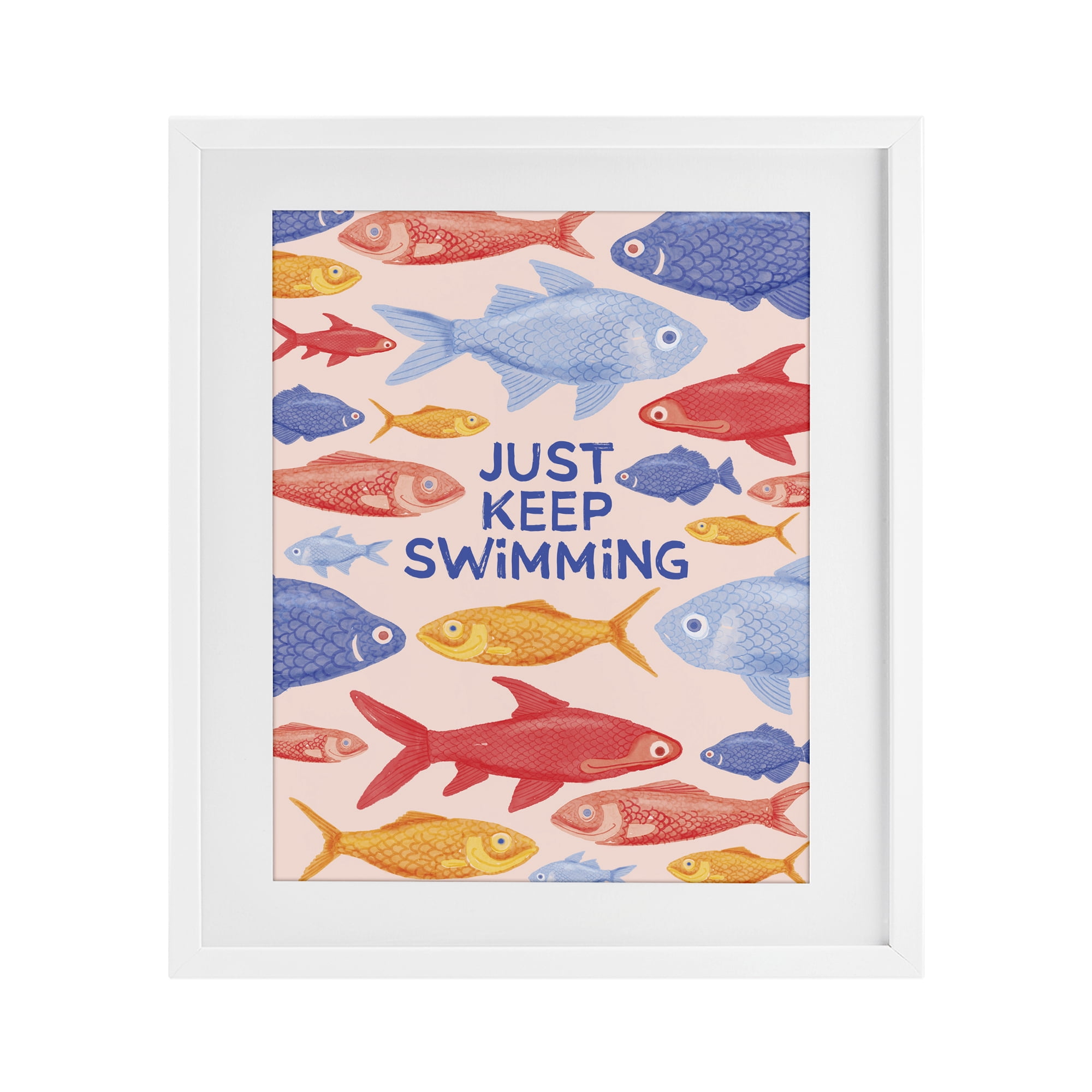 Stupell Industries Just Keep Swimming Fish White Framed Print Under Glass, design by The Paper Curator
