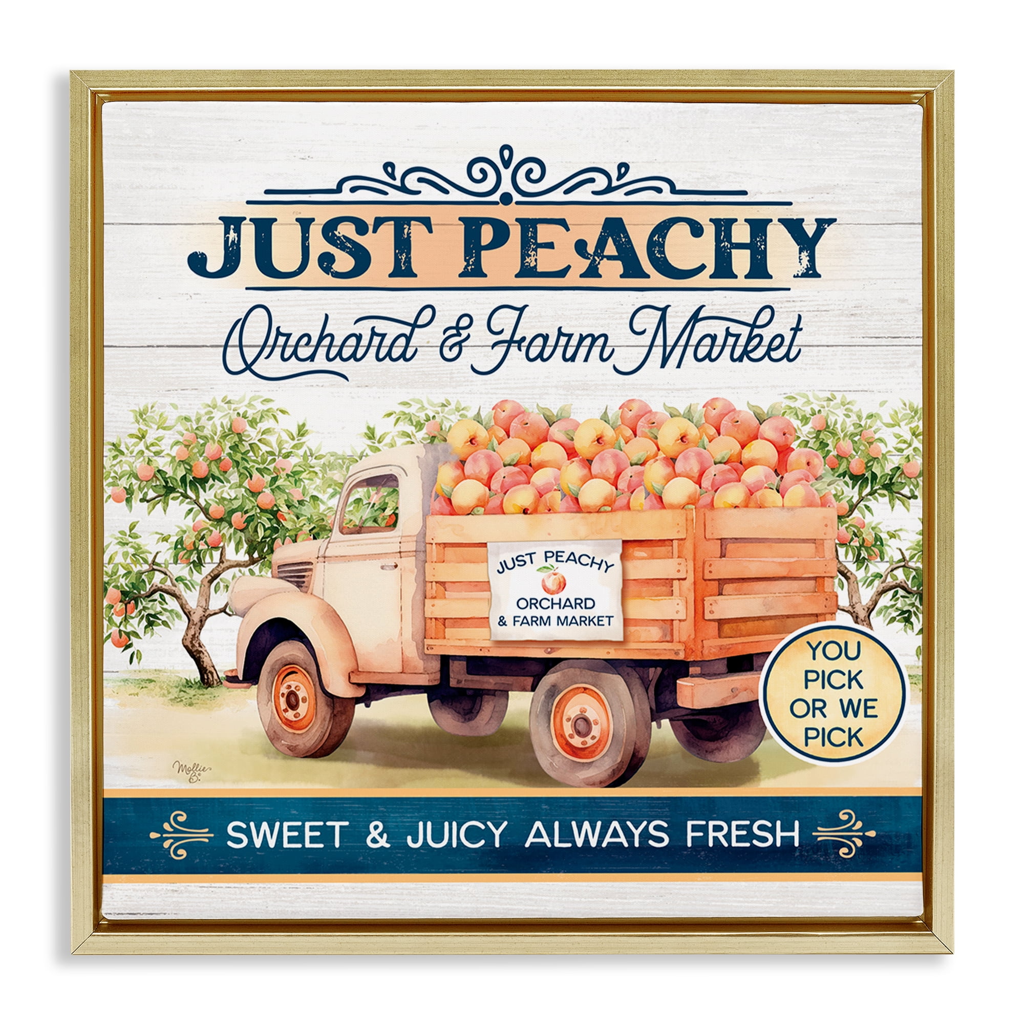 Stupell Industries Just Peachy Orchard Text & Numbers Painting Gold Floater Framed Canvas Art Print Wall Art, 18 x 18