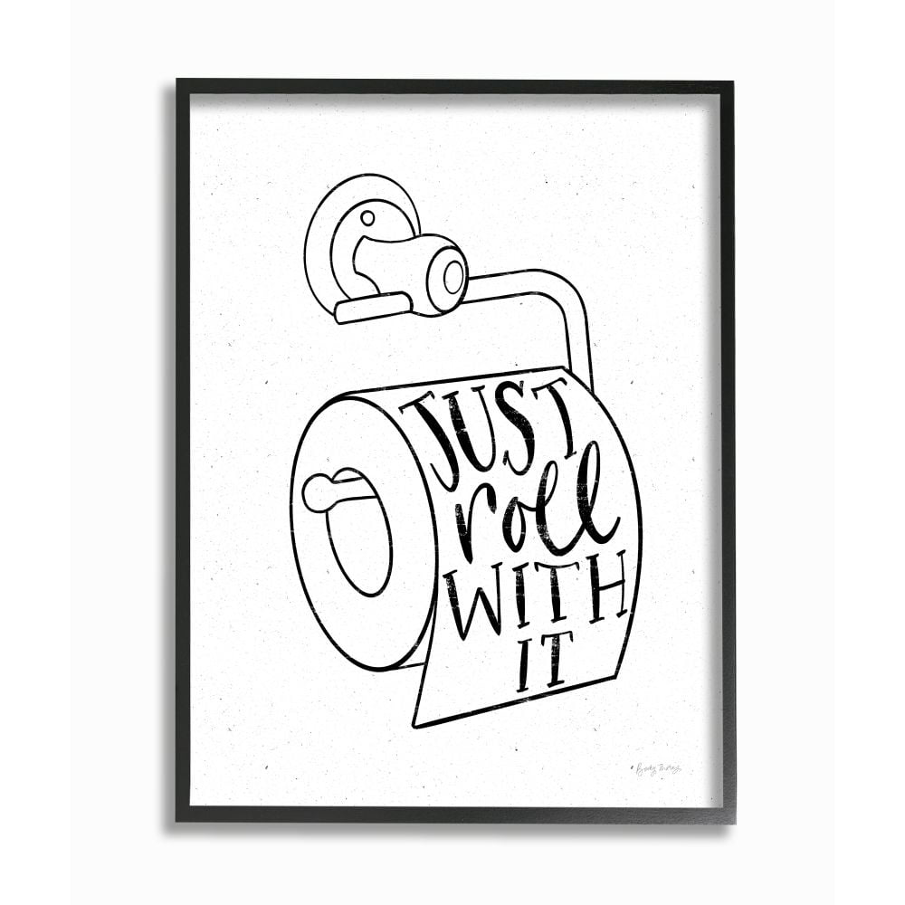 Stupell Industries Just Roll With It Toilet Bathroom Humor Word Pun Framed Wall Art Design by Becky Thorns, 11" x 14", Black Framed