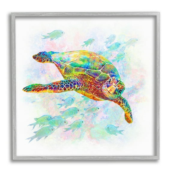 Stupell Industries Kaleidoscopic Sea Turtle Speckled Rainbow Fish Swimming Graphic Art Gray Framed Art Print Wall Art, Design by Michael Shelton
