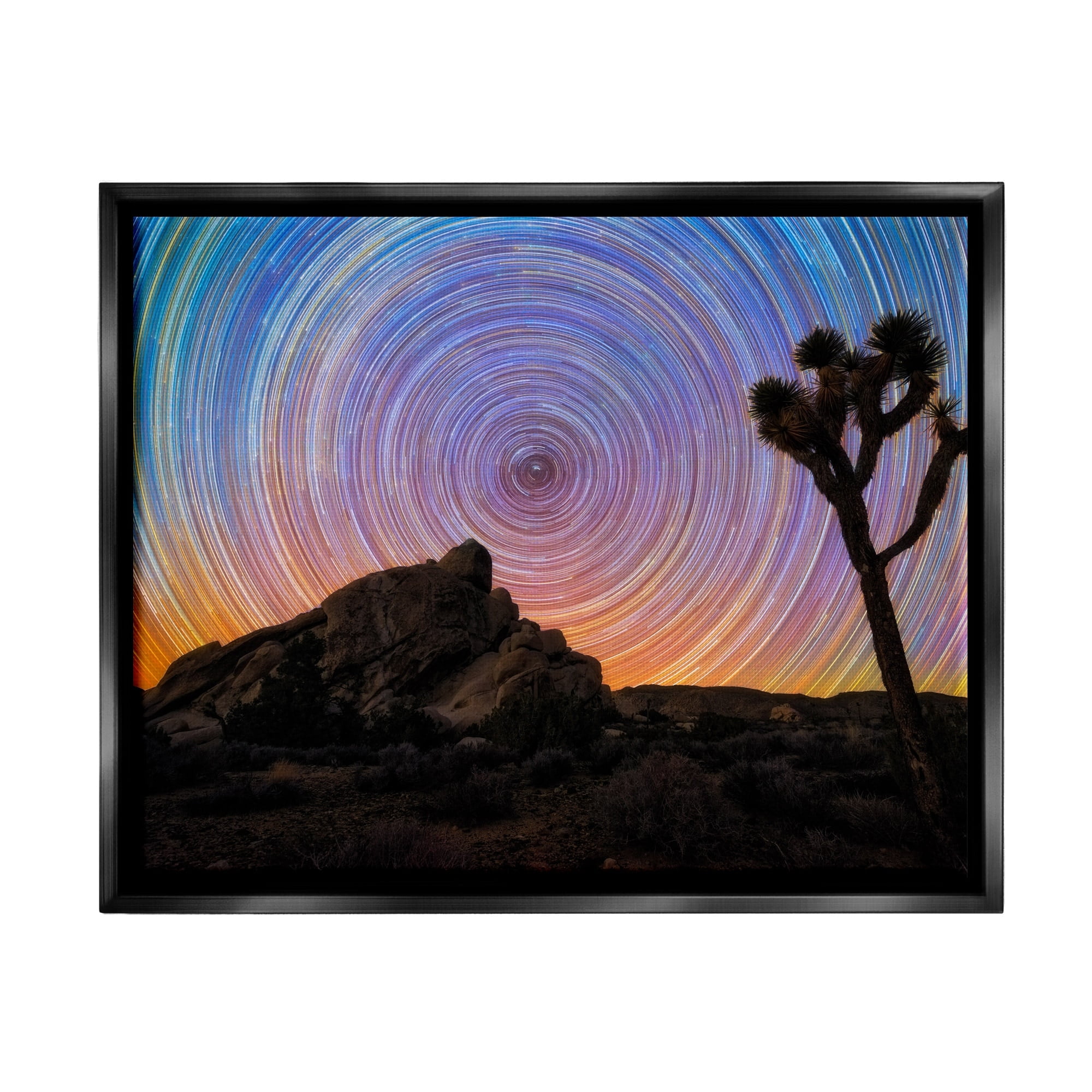 Stupell Industries Kaleidoscopic Swirl Pattern Sky Desert Tree Silhouette Graphic Art Jet Black Floating Framed Canvas Print Wall Art, Design by Lincoln Harrison