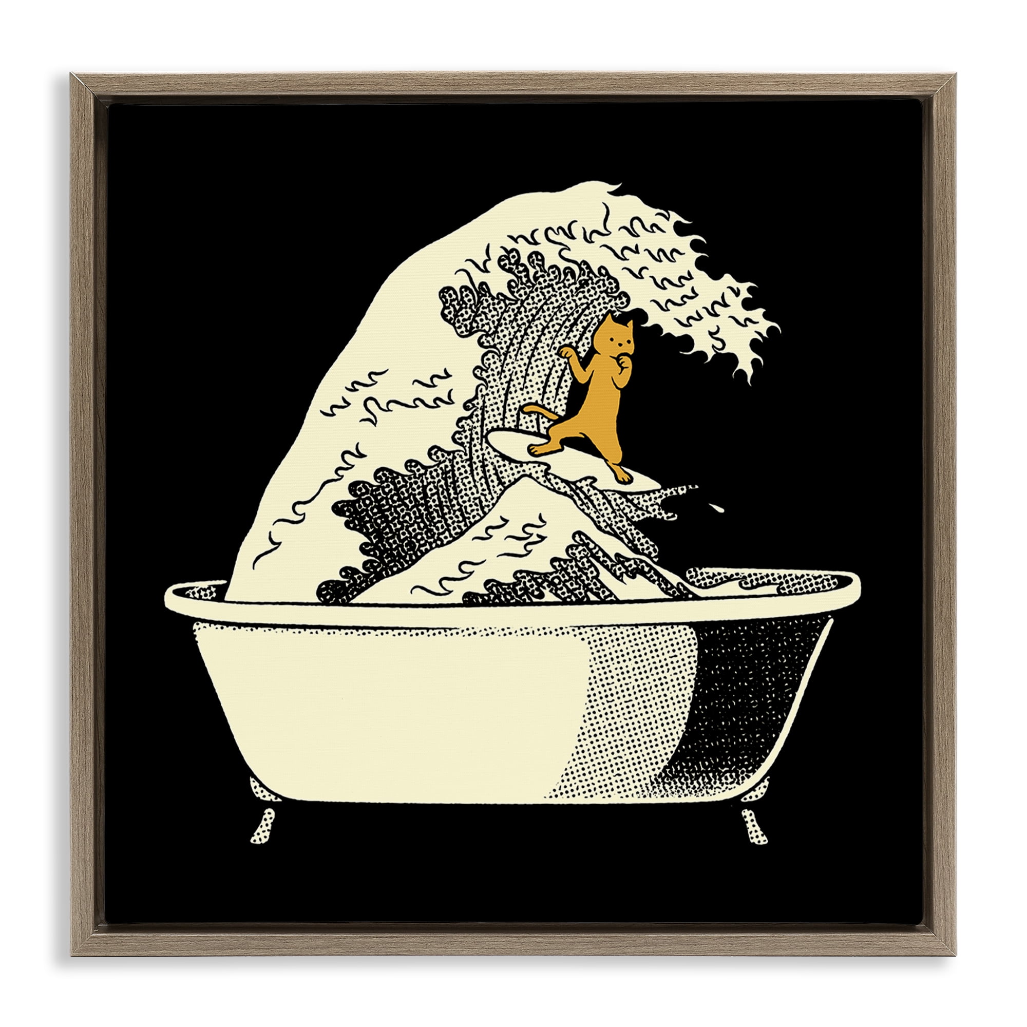 Stupell Industries Kanagawa Bathtub Cat Brown Framed Floater Canvas Wall Art, design by Tobe Fonseca