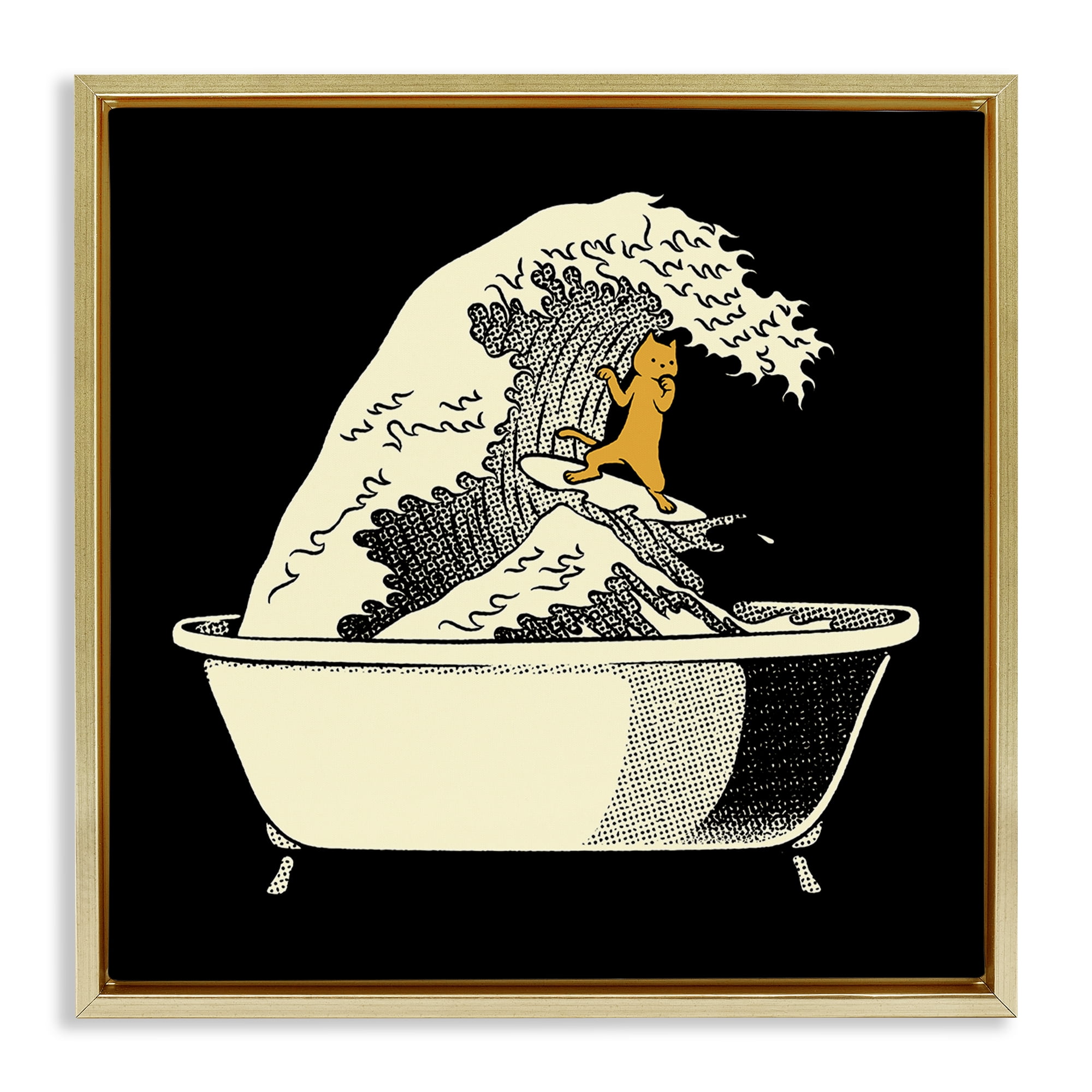 Stupell Industries Kanagawa Bathtub Cat Gold Framed Floater Canvas Wall Art, design by Tobe Fonseca