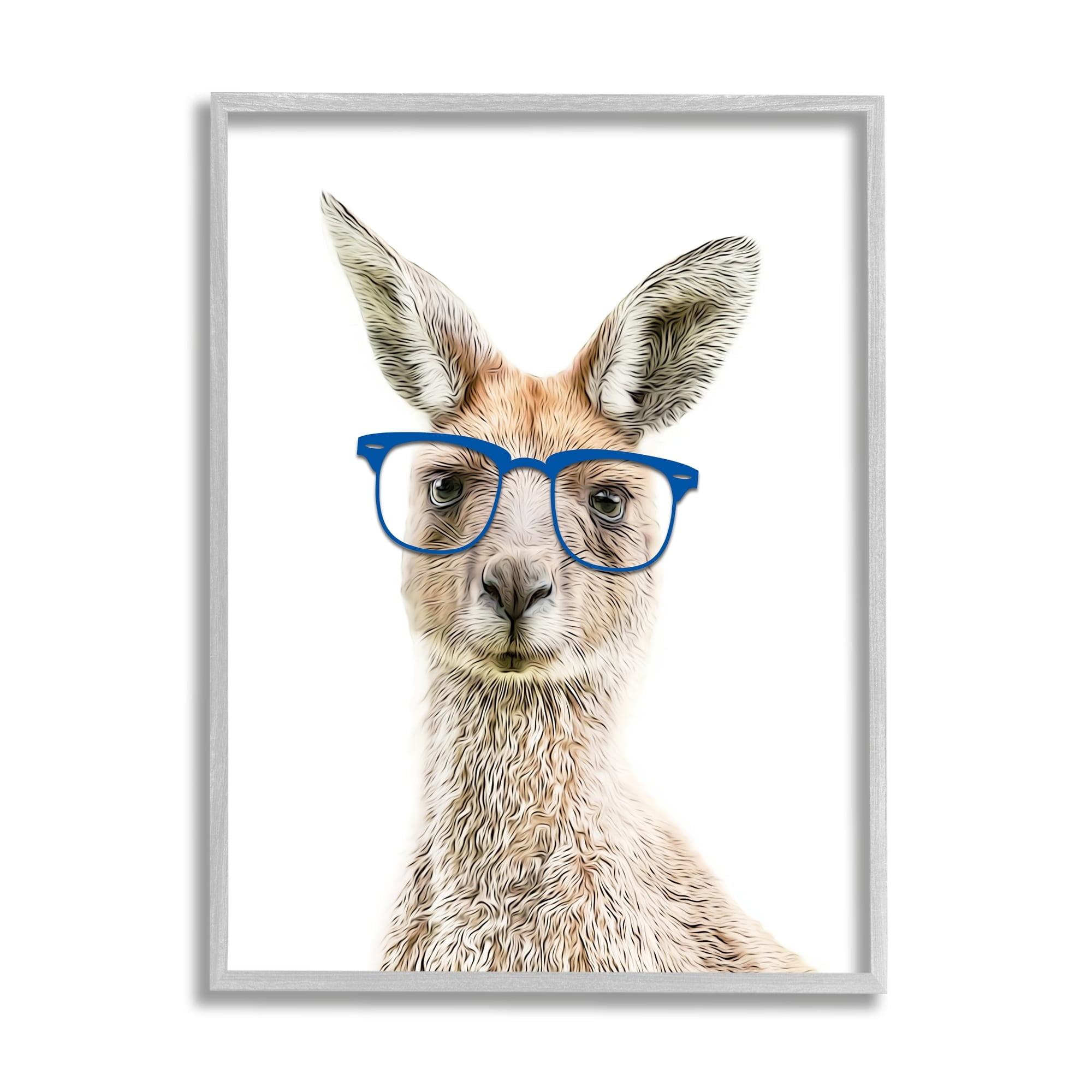 Gray Framed Kangaroo Print with Blue Hipster Glasses for Kids Nursery