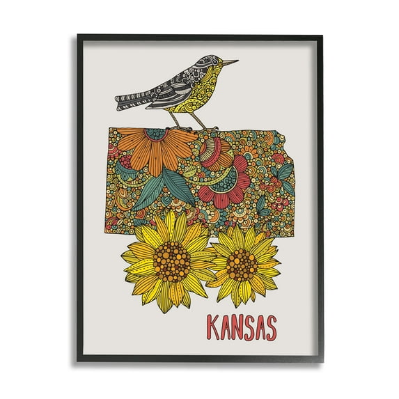Stupell Industries Kansas Sunflower Blooms State Bird Detailed Pattern Graphic Art Black Framed Art Print Wall Art, Design by Valentina Harper