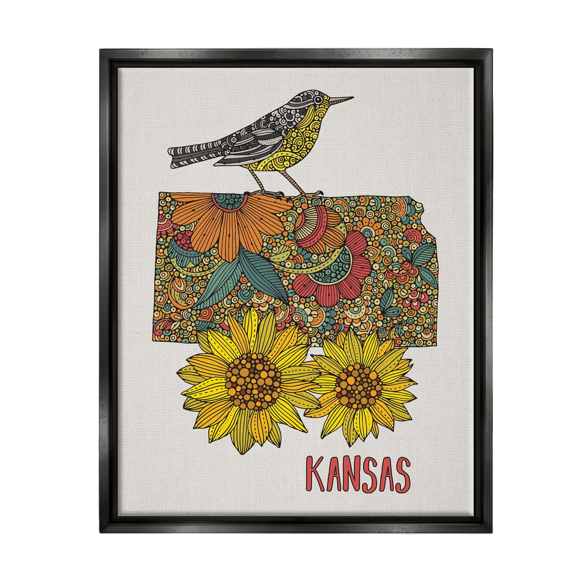Stupell Industries Kansas Sunflower Blooms State Bird Detailed Pattern Graphic Art Jet Black Floating Framed Canvas Print Wall Art, Design by Valentina Harper