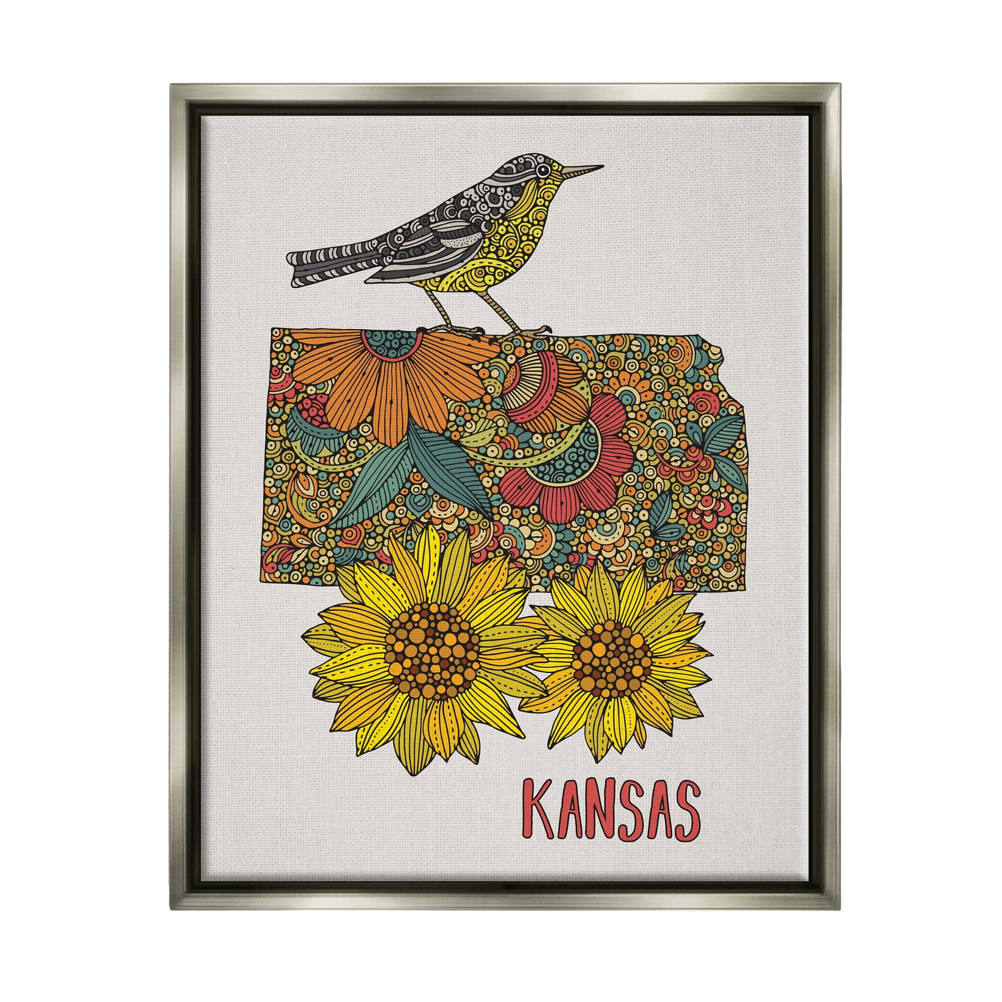 Stupell Industries Kansas Sunflower Blooms State Bird Detailed Pattern Graphic Art Luster Gray Floating Framed Canvas Print Wall Art, Design by Valentina Harper