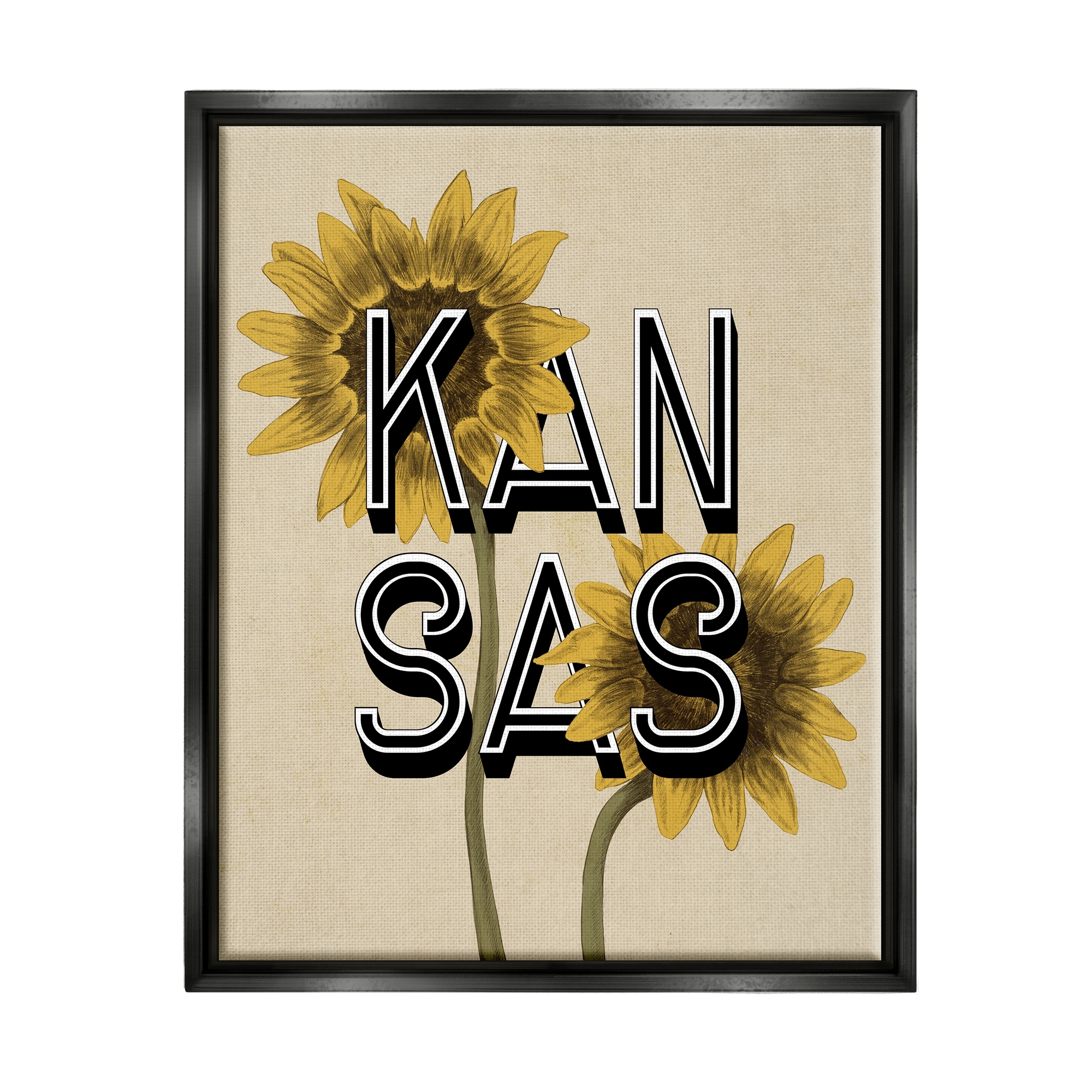 Stupell Industries Kansas Sunflowers Blossoms State Flower Botanicals Graphic Art Jet Black Floating Framed Canvas Print Wall Art, Design by Daphne Polselli