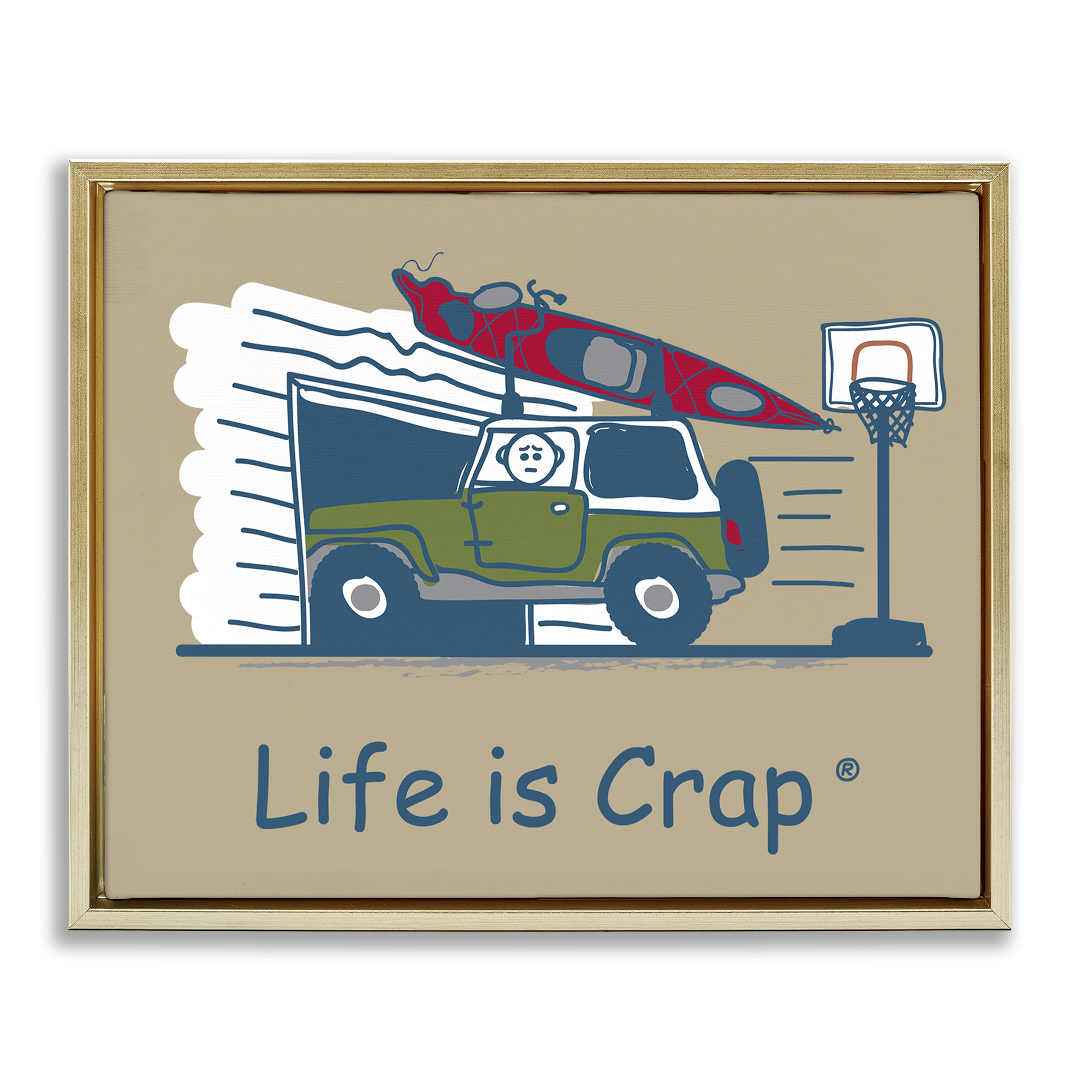 Stupell Industries Kayak and Garage Novelty & Humor Painting Gold Floater Framed Canvas Art Print Wall Art, 31 x 25
