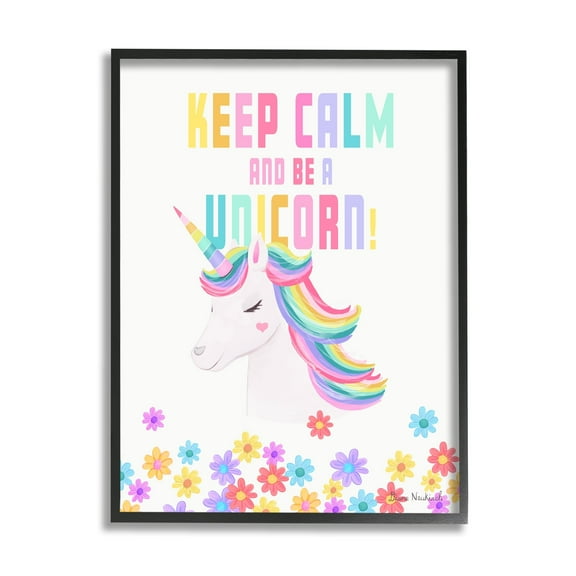 Stupell Industries Keep Calm Be A Unicorn Playful Quote Pastel Florals Graphic Art Black Framed Art Print Wall Art, Design by Diane Neukirch