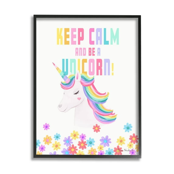 Stupell Industries Keep Calm Be A Unicorn Playful Quote Pastel Florals Graphic Art Black Framed Art Print Wall Art, Design by Diane Neukirch