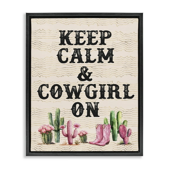 Stupell Industries Keep Calm & Cowgirl On Landscape & Nature Painting Black Floater Framed Canvas Art Print Wall Art, 17 x 21