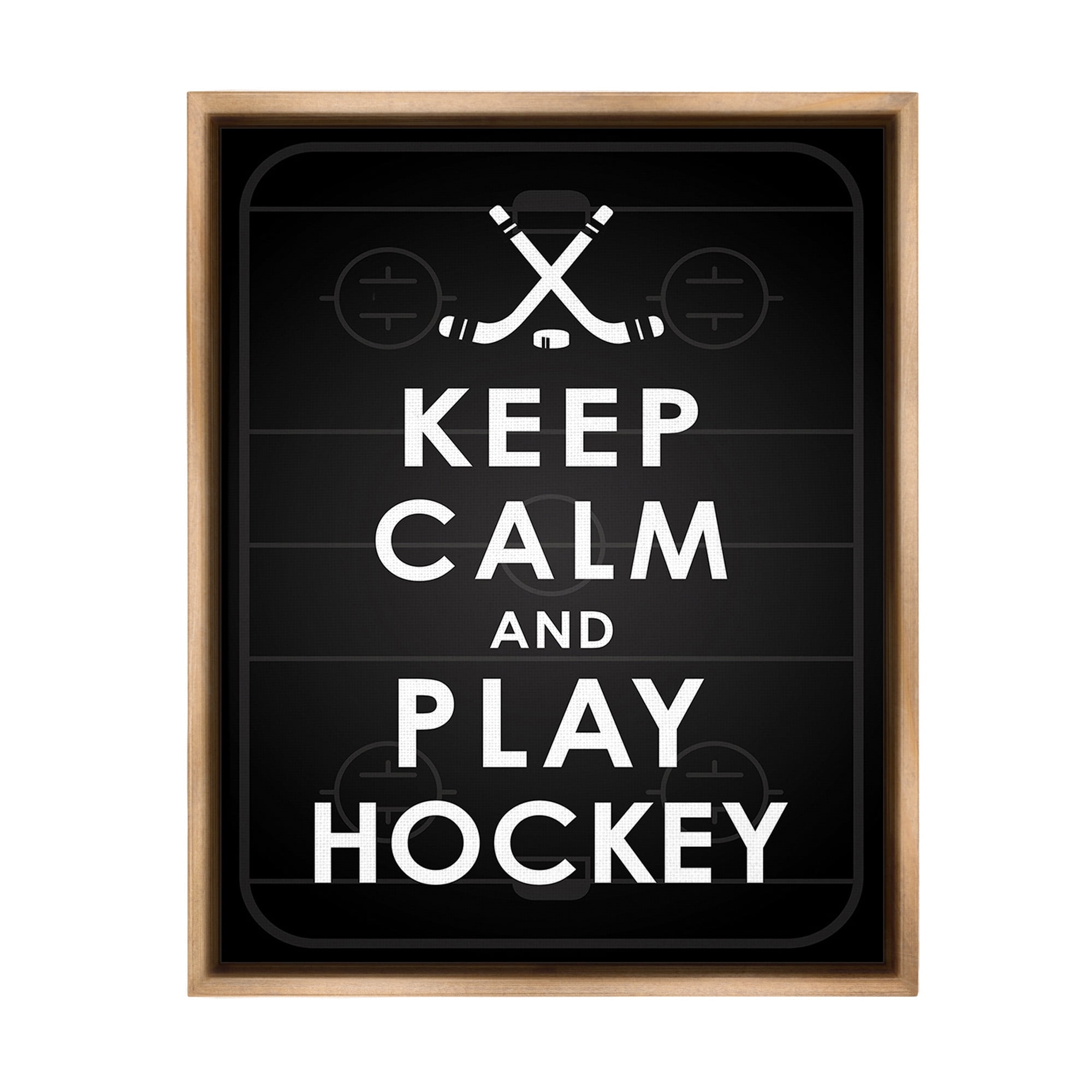 Stupell Industries Keep Calm & Play Hockey Sports Painting Brown Floater Framed Canvas Art Print Wall Art, 25 x 31
