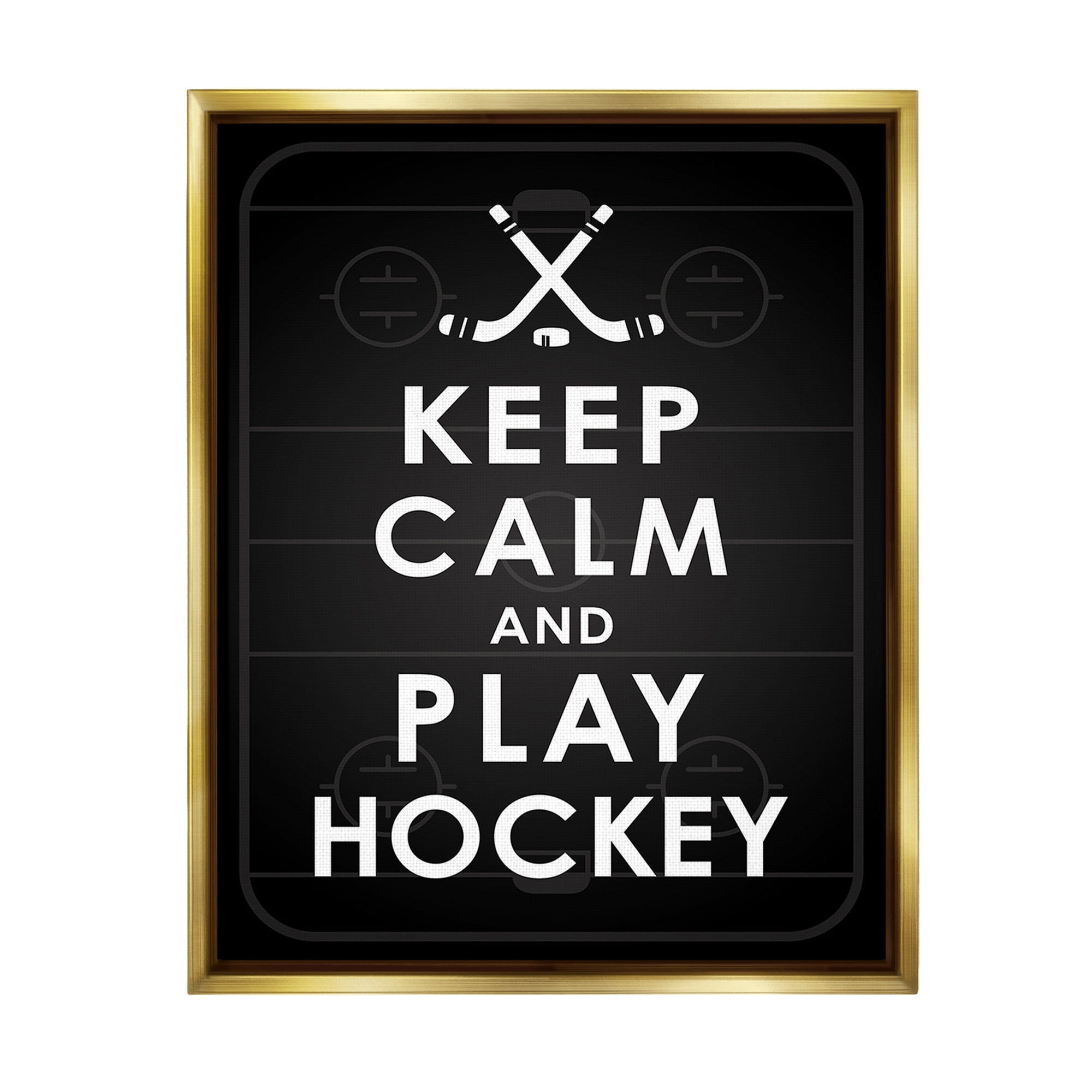 Stupell Industries Keep Calm & Play Hockey Sports Painting Gold Floater Framed Canvas Art Print Wall Art, 17 x 21