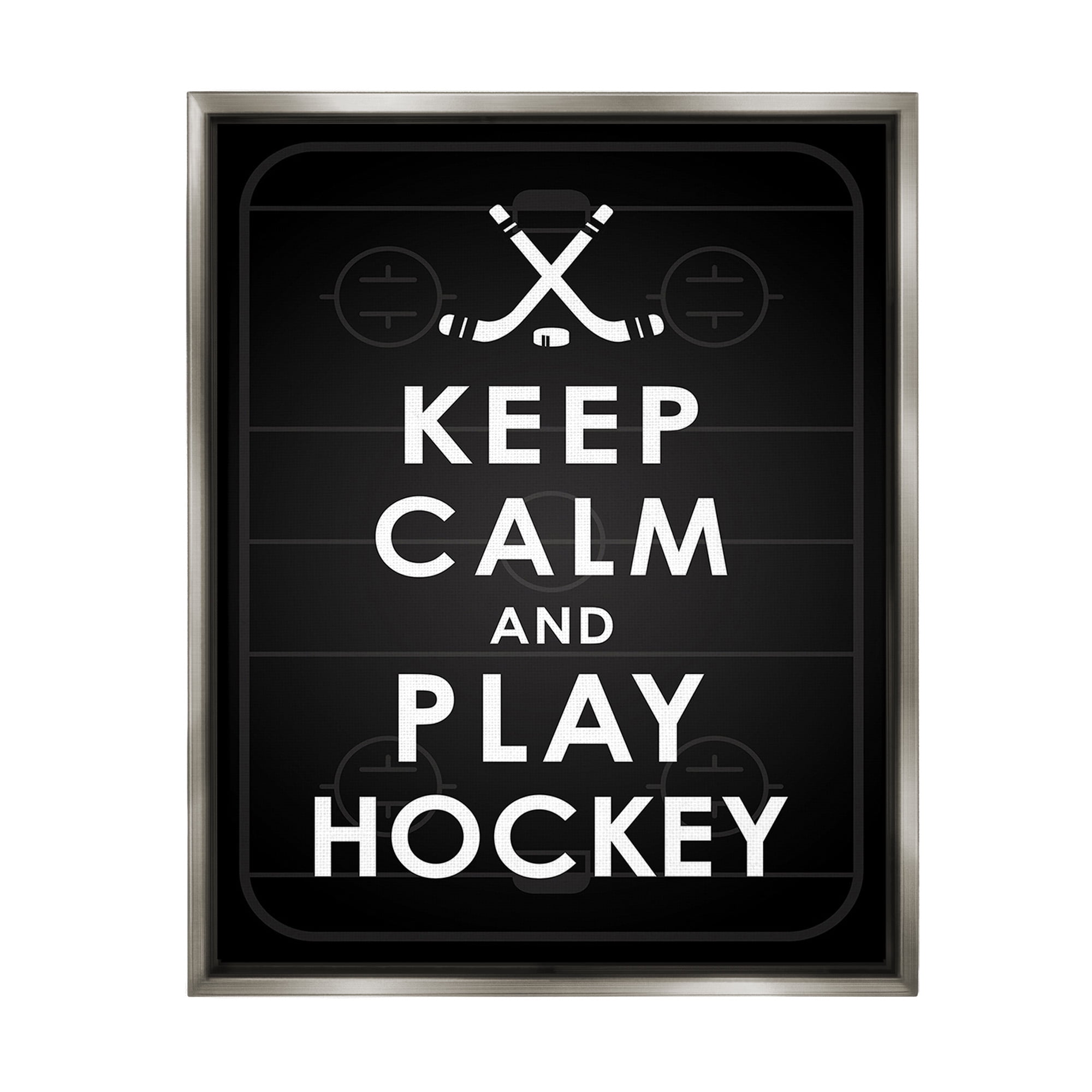 Stupell Industries Keep Calm & Play Hockey Sports Painting Gray Floater Framed Canvas Art Print Wall Art, 25 x 31