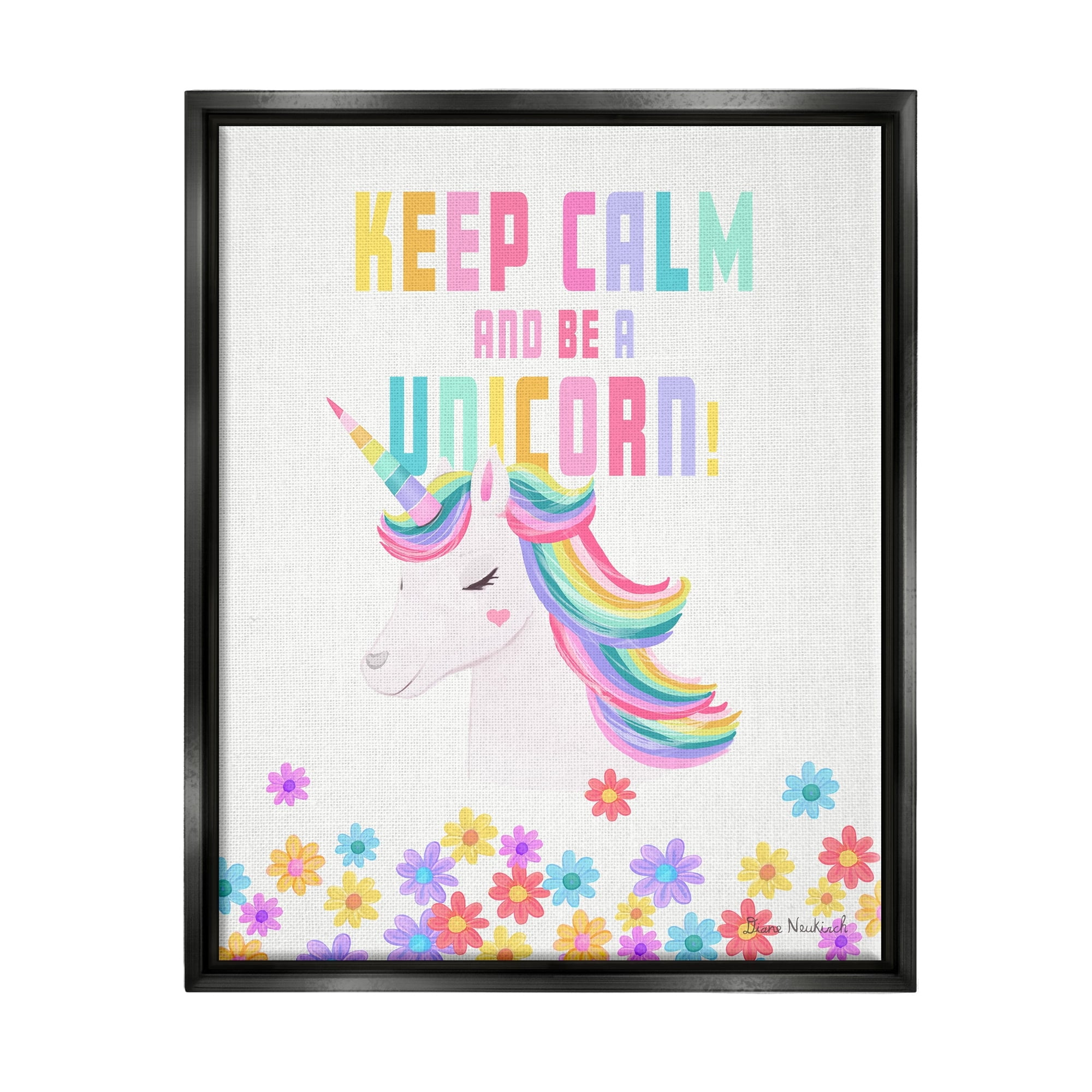 Stupell Industries Keep Calm Be A Unicorn Playful Quote Pastel Florals Graphic Art Jet Black Floating Framed Canvas Print Wall Art, Design by Diane Neukirch