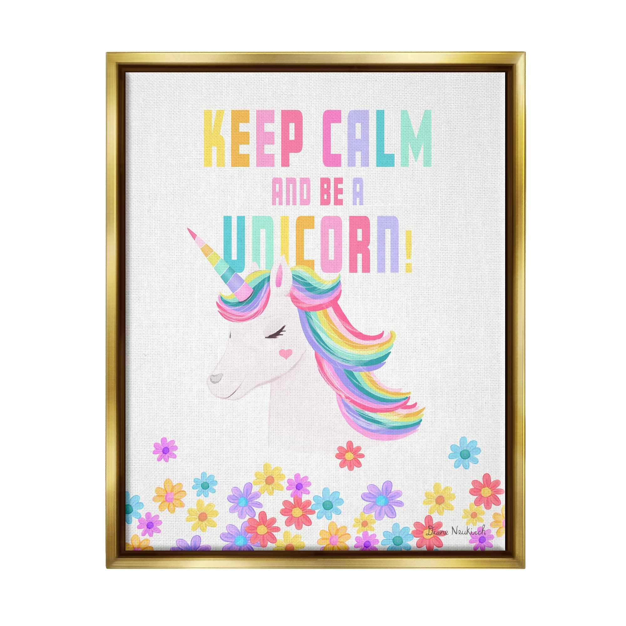 Stupell Industries Keep Calm Be A Unicorn Playful Quote Pastel Florals Graphic Art Metallic Gold Floating Framed Canvas Print Wall Art, Design by Diane Neukirch