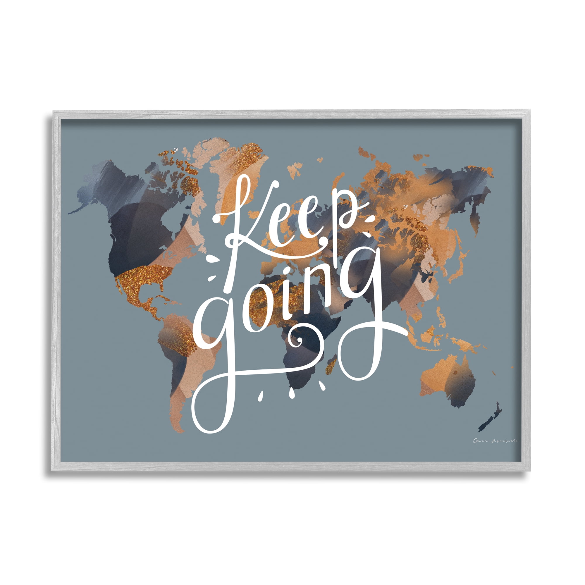 Stupell Industries Keep Going Sentiment over Abstract Pattern World Map Global Painting Gray Framed Art Print Wall Art, 11 x 14, Design by Omar Escalante