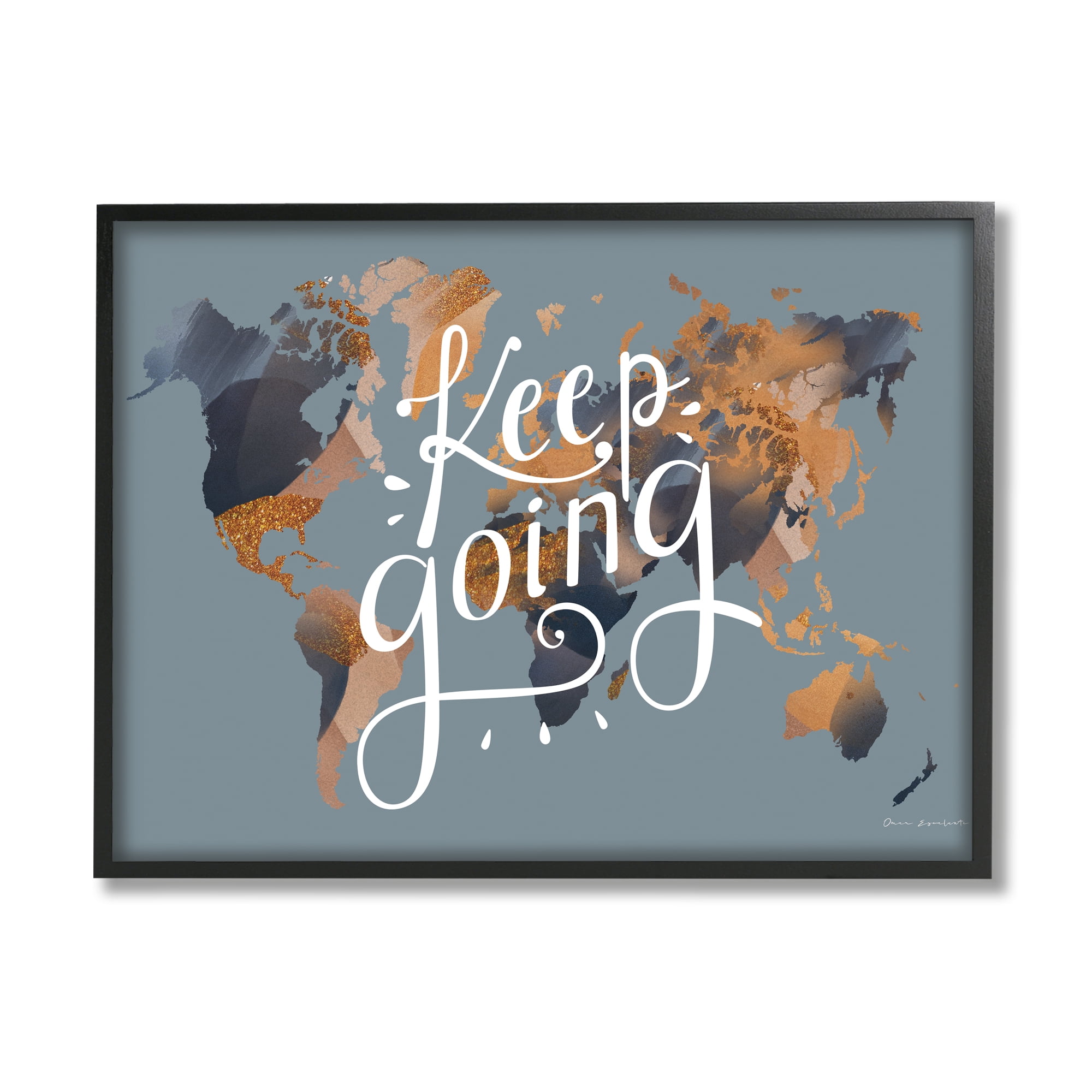 Stupell Industries Keep Going Sentiment over Abstract Pattern World Map Inspirational Painting Black Framed Art Print Wall Art, 24 x 30