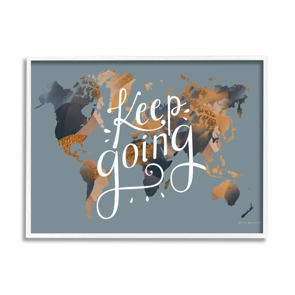 Stupell Industries Keep Going Sentiment over Abstract Pattern World Map Inspirational Painting White Framed Art Print Wall Art, 16 x 20