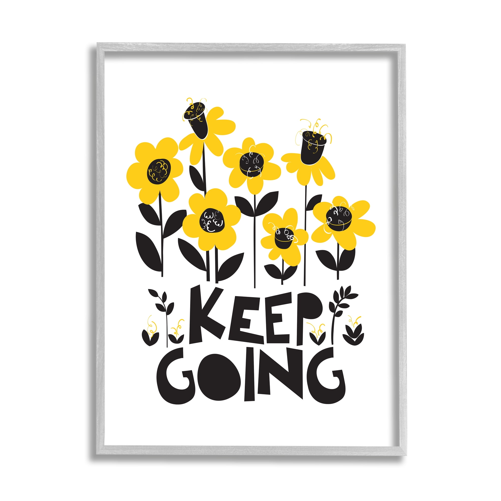 Stupell Industries Keep Going Yellow Flowers Botanical & Floral Painting Gray Framed Art Print Wall Art, 11 x 14