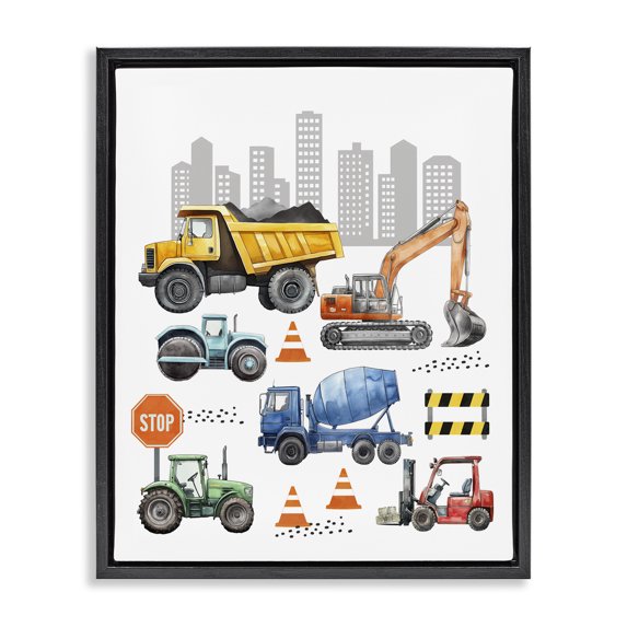 Stupell Industries Contemporary Keep Moving Construction Vehicles Black Floating Frame Canvas Art, 25 x 31, by Christine Simpson Art